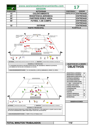 www.sesionesdeentrenamiento.com
SESION 17
DURACION ACTIVIDAD PORTEROS DIRIGE
15´ CALENTAMIENTO ESPECIFICO ENTRENAD.
25´ RESISTENCIA AEROBICA ENTRENAD.
20´ PARTIDOS DOBLE AREA ENTRENAD.
40´ FUTBOL ¾ DE CAMPO ENTRENAD.
ENTRENAD.
10´ ESTIRAR ENTRENAD.
PARTE PRINCIPAL PLANTILLA
OBJETIVOS DE LA SESIÓN
RESISTENCIA AER EN CIRCUITO POSTASACTIVIDAD
25´ DE DURACIÓN A LA MITAS CAMBIAMOS EL ORDEN Y EL PERFIL.DURACIÓN/SERIES/REPETICIONES
3-4 JUGADORES POR POSTAS. DISTANCIA ENTRE POSTAS 30M. SEGUIMOS EL ORDEN DE LAS POSTAS.
LOS CAMBIOS DE POSTAS SON A INTENSIDAD ALTA 80-90%
DESARROLLO Y METODOLOGIADESARROLLO Y METODOLOGIA
RESISTENCIA EROBICA CON BALONOBJETIVO
1
6
2
3
4
5
PASE A LA SIGUIENTE
POSTA Y VOY DONDE
PASO
PASO Y REALIZO
SLALOM ENTRE PICAS
SLALOM ENTRE CONOS
CONDUCIENDO
PASO Y VOY
CENTRO Y VOY A LA
ÚLTIMA POSTA
REMATO Y EMPIEZO
EL CIRCUITO DE
NUEVO
OBJETIVOS
RESISTENCIA AEROBICA X
RESISTENCIA ANAEROB.
RESISTENCIA ESPECIFICA X
POTENCIA AEROBICA
VELOCIDAD REACION
VELOCIDAD DESPLAZAM.
F . MAX. - CAPACIDAD AC.
FUERZA EXPLOSIVA
FUERZA RESISTENCIA
COORDINACION
FLEXIBILIAD X
TACTICA
TECNICA INDIVIDUAL X
TECNICA COLECTIVA X
ESTRATEGIA
OBSERVACIONES
PARTIDOS DOBLE AREAACTIVIDAD
TIEMPO TOTAL DE TRABAJO 20-25´DURACIÓN/SERIES/REPETICIONES
PARTIDOS EN ESPACIO REDUCIDO A DOBLE AREA. PARTIDOS DE 2´ O GOL MARCADO .EL EQUIPO QUE NO JUEGA
SE COLOCA ALREDEDOR DEL CAMPO PARA PODER TOCAR CON LOS DE DENTRO.
DESARROLLO Y METODOLOGIADESARROLLO Y METODOLOGIA
RESISTENCIA ESPECIFICA +TECNICAOBJETIVO
TOTAL MINUTOS TRABAJADOS 110´
 