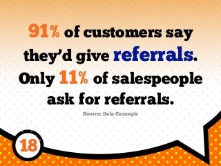 91% of customers say
they’d give referrals.
Only 11% of salespeople
ask for referrals.
Source: Dale Carnegie
18
 