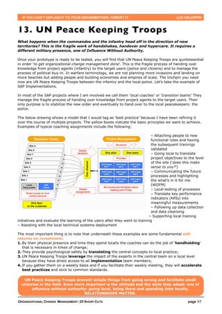 IF YOU CAN’T EXPLAIN IT TO YOUR GRANDMOTHER, FORGET IT.                                    LUC GALOPPIN



13. UN Peace Keeping Troops
What happens when the commandos and the infantry head off in the direction of new
territories? This is the fragile work of handshakes, handover and hypercare. It requires a
different military presence, one of Influence Without Authority.

Once your prototype is ready to be tested, you will find that UN Peace Keeping Troops are quintessential
in order ‘to get organizational change management done’. This is the fragile process of handing over
knowledge from project agents (infantry) to the target users (police and citizens) and to manage the
process of political buy-in. In warfare terminology, we are not planning more invasions and landing on
more beaches but adding people and building economies and empires of scale. The linchpin you need
now are UN Peace Keeping Troops between the infantry and the local police. Let’s take the example of
SAP Implementations.

In most of the SAP projects where I am involved we call them ‘local coaches’ or ‘transition teams’ They
manage the fragile process of handing over knowledge from project agents to the target users. Their
only purpose is to stabilize the new order and eventually to hand over to the local peacekeepers: the
police.

The below drawing shows a model that I would tag as ‘best practice’ because I have been refining it
over the course of multiple projects. The yellow boxes indicate the basic principles we want to achieve.
Examples of typical coaching assignments include the following:

                                                                              – Attaching people to new
                                                                              functional roles and having
                                                                              the subsequent trainings
                                                                              validated
                                                                              – Going local to translate
                                                                              project objectives to the level
                                                                              of the site (‘does this make
                                                                              sense to you?’)
                                                                              – Communicating the future
                                                                              processes and highlighting
                                                                              the what’s in it for me
                                                                              (WIIFM)
                                                                              – Local testing of processes
                                                                              – Translate key performance
                                                                              indicators (KPIs) into
                                                                              meaningful measurements
                                                                              – Following up data collection
                                                                              and data cleansing
                                                                             – Supporting local training
initiatives and evaluate the learning of the users after they went to training
– Assisting with the local technical systems deployment

The most important thing is to note that underneath these examples are some fundamental soft
returns on investment:
1. By their physical presence and time they spend locally the coaches can do the job of ‘handholding’
   that is necessary in times of change;
2. They provide psychological safety by translating the central concepts to local practice;
3. UN Peace Keeping Troops leverage the impact of the experts in the central team on a local level
   because they have direct access to all implementation team members;
4. If you gather them on a weekly basis and if you facilitate their weekly meeting, they will accelerate
   best practices and stick to common standards.

    UN Peace Keeping Troops prevent simple things from going wrong and facilitate small
  victories in the field. Even more important is the attitude and the style they adopt: one of
       influence without authority: going local, being there and spending time locally.
                                   RELATIONSHIPS MATTER.

ORGANIZATIONAL CHANGE MANAGEMENT: 20 SHORT CUTS                                                    page 17
 