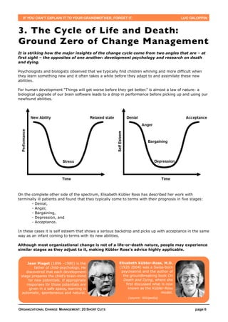 IF YOU CAN’T EXPLAIN IT TO YOUR GRANDMOTHER, FORGET IT.                                  LUC GALOPPIN



3. The Cycle of Life and Death:
Ground Zero of Change Management
It is striking how the major insights of the change cycle come from two angles that are – at
first sight – the opposites of one another: development psychology and research on death
and dying.

Psychologists and biologists observed that we typically find children whining and more difficult when
they learn something new and it often takes a while before they adapt to and assimilate these new
abilities.

For human development “Things will get worse before they get better.” is almost a law of nature: a
biological upgrade of our brain software leads to a drop in performance before picking up and using our
newfound abilities.




On the complete other side of the spectrum, Elisabeth Kübler Ross has described her work with
terminally ill patients and found that they typically come to terms with their prognosis in five stages:
       - Denial,
       - Anger,
       - Bargaining,
       - Depression, and
       - Acceptance.

In these cases it is self esteem that shows a serious backdrop and picks up with acceptance in the same
way as an infant coming to terms with its new abilities.

Although most organizational change is not of a life-or-death nature, people may experience
similar stages as they adjust to it, making Kübler Ross’s advice highly applicable.


     Jean Piaget (1896 –1980) is the                    Elisabeth Kübler-Ross, M.D.
         father of child-psychology. He                 (1926 2004) was a Swiss-born
    discovered that each development                     psychiatrist and the author of
 stage prepares the child’s brain-mind                    the groundbreaking book On
     for new potentials. If appropriate                    Death and Dying, where she
    responses for those potentials are                      first discussed what is now
      given in a safe space, learning is                     known as the Kübler-Ross
 automatic, spontaneous and natural.                                            model.
                                                             (source: Wikipedia)


ORGANIZATIONAL CHANGE MANAGEMENT: 20 SHORT CUTS                                                    page 6
 