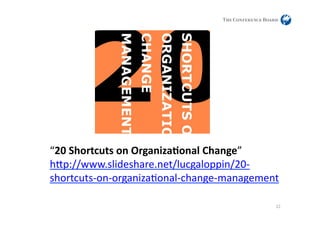 “20	
  Shortcuts	
  on	
  Organiza#onal	
  Change”	
  
hPp://www.slideshare.net/lucgaloppin/20-­‐
shortcuts-­‐on-­‐organiz...