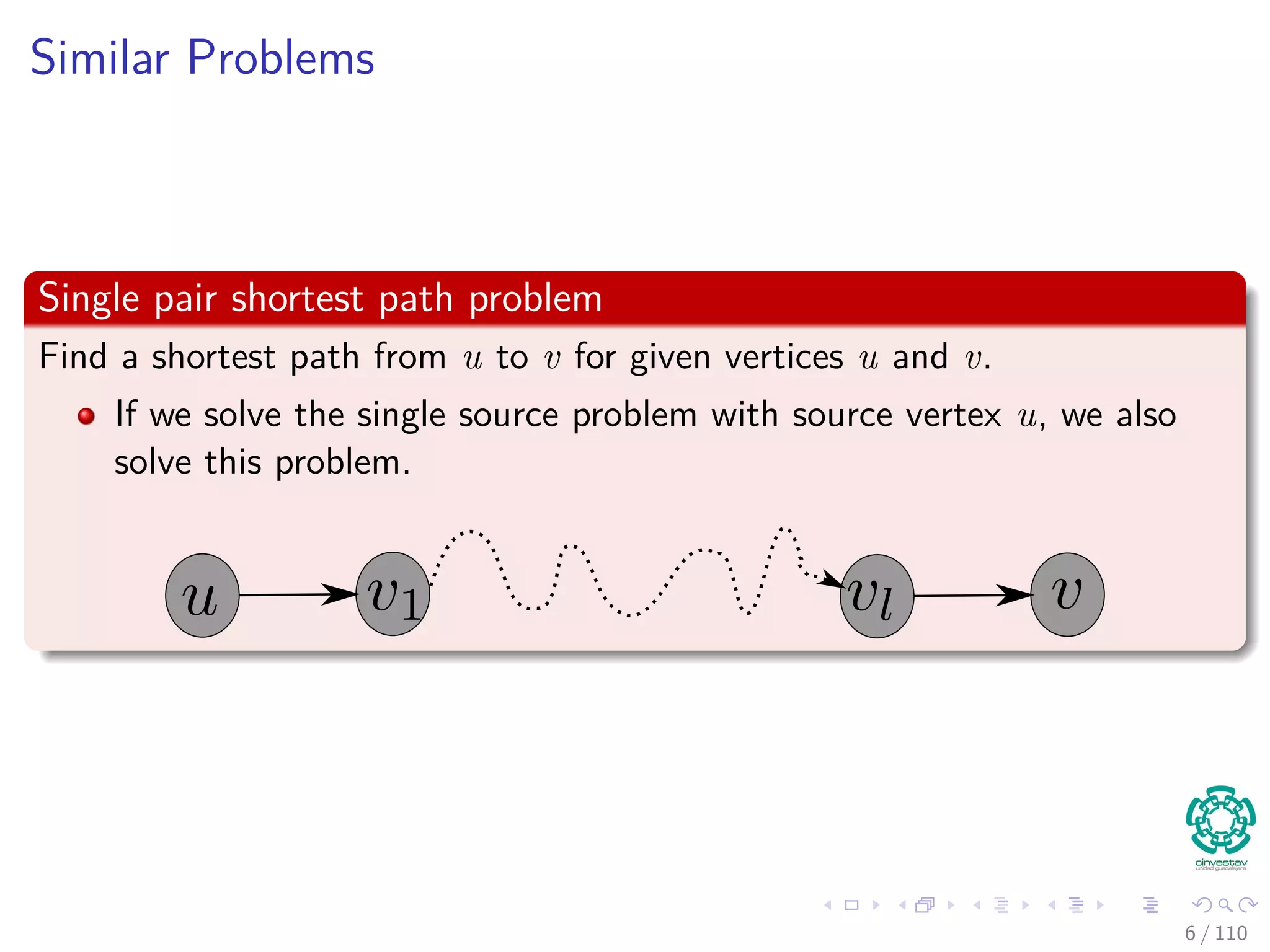 Similar Problems
Single pair shortest path problem
Find a shortest path from u to v for given vertices u and v.
If we solve the single source problem with source vertex u, we also
solve this problem.
6 / 108
 