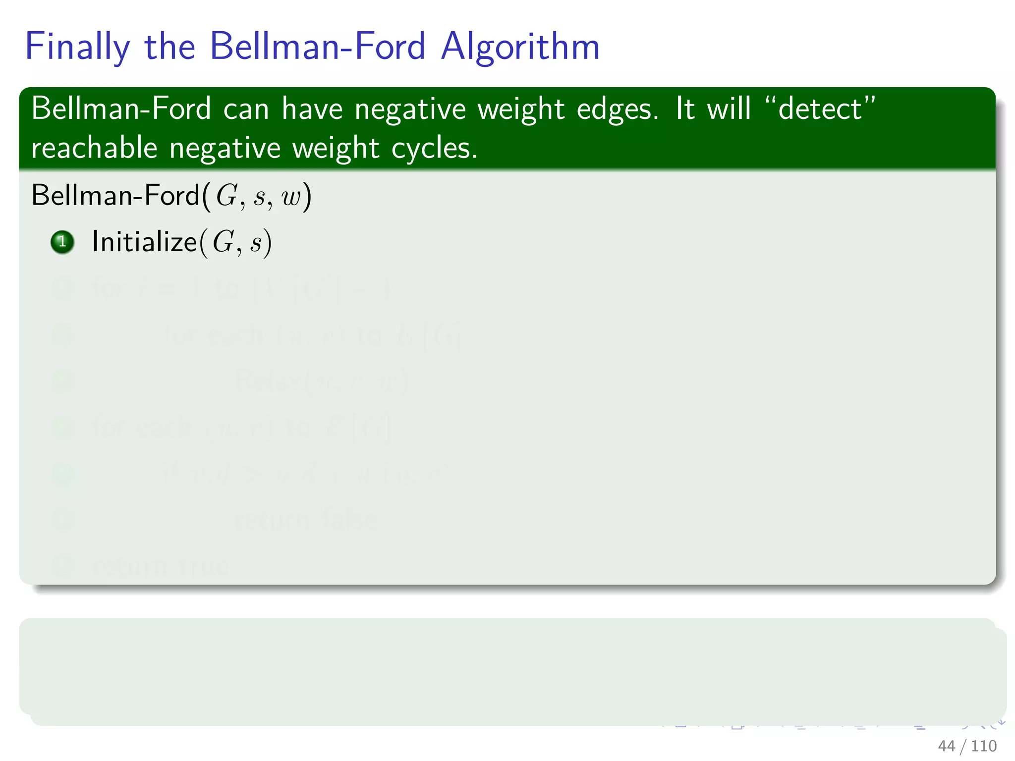 Lemma 24.17
Lemma 24.17
Same conditions as before. It calls Initialize and repeatedly calls Relax until
v.d = δ(s, v) for all v in V . Then Gπ is a shortest path tree rooted at s.
Proof
For all v in V , there is a unique simple path p from s to v in Gπ
(Lemma 24.16).
We want to prove that it is a shortest path from s to v in G.
42 / 108
 