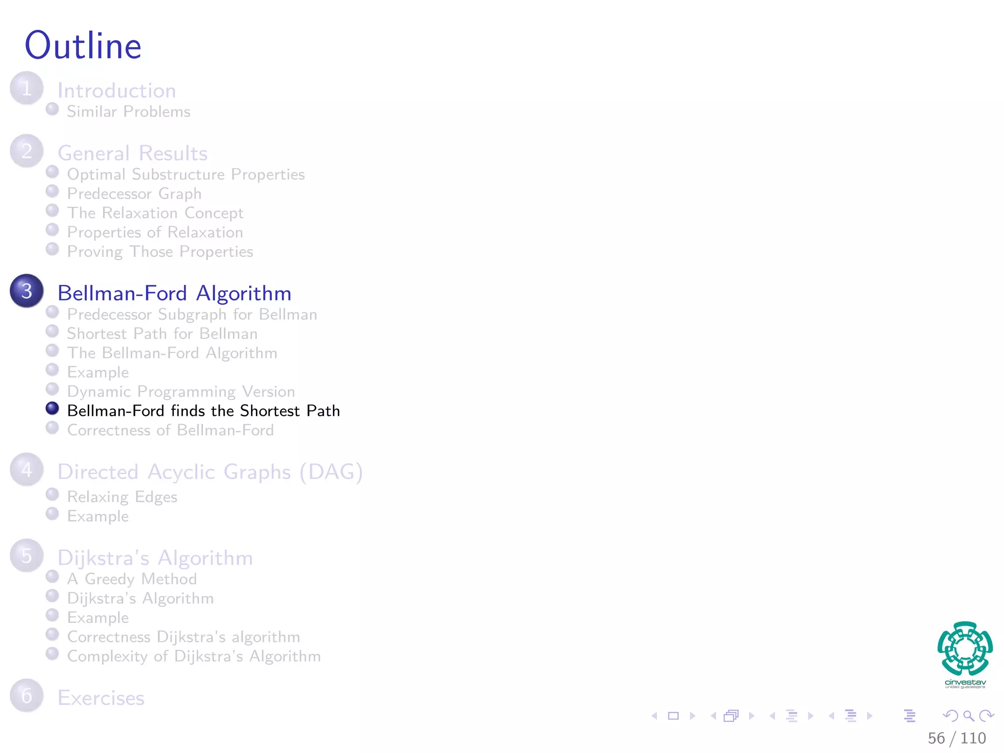 Example
Here, whenever we have v.d = ∞ and v.u = ∞ no change is done
s b
d
a
c
e h
g
f5
-4
5
3
3
6
-2
1
5
-2
2
7
-2
106
5
5 2
48 / 108
 