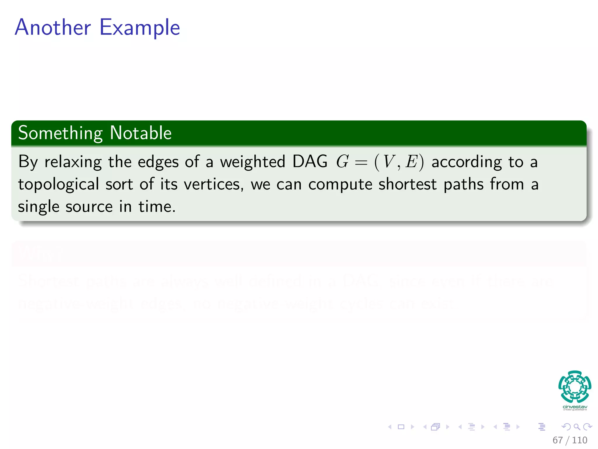 Correctness of Bellman-Ford
Then, we have that
v.d = δ(s, v)
≤ δ(s, u) + w(u, v)
≤ u.d + w (u, v)
Remember:
5. for each (u, v) to E [G]
6. if v.d > u.d + w (u, v)
7. return false
Thus
So algorithm returns true.
60 / 108
 