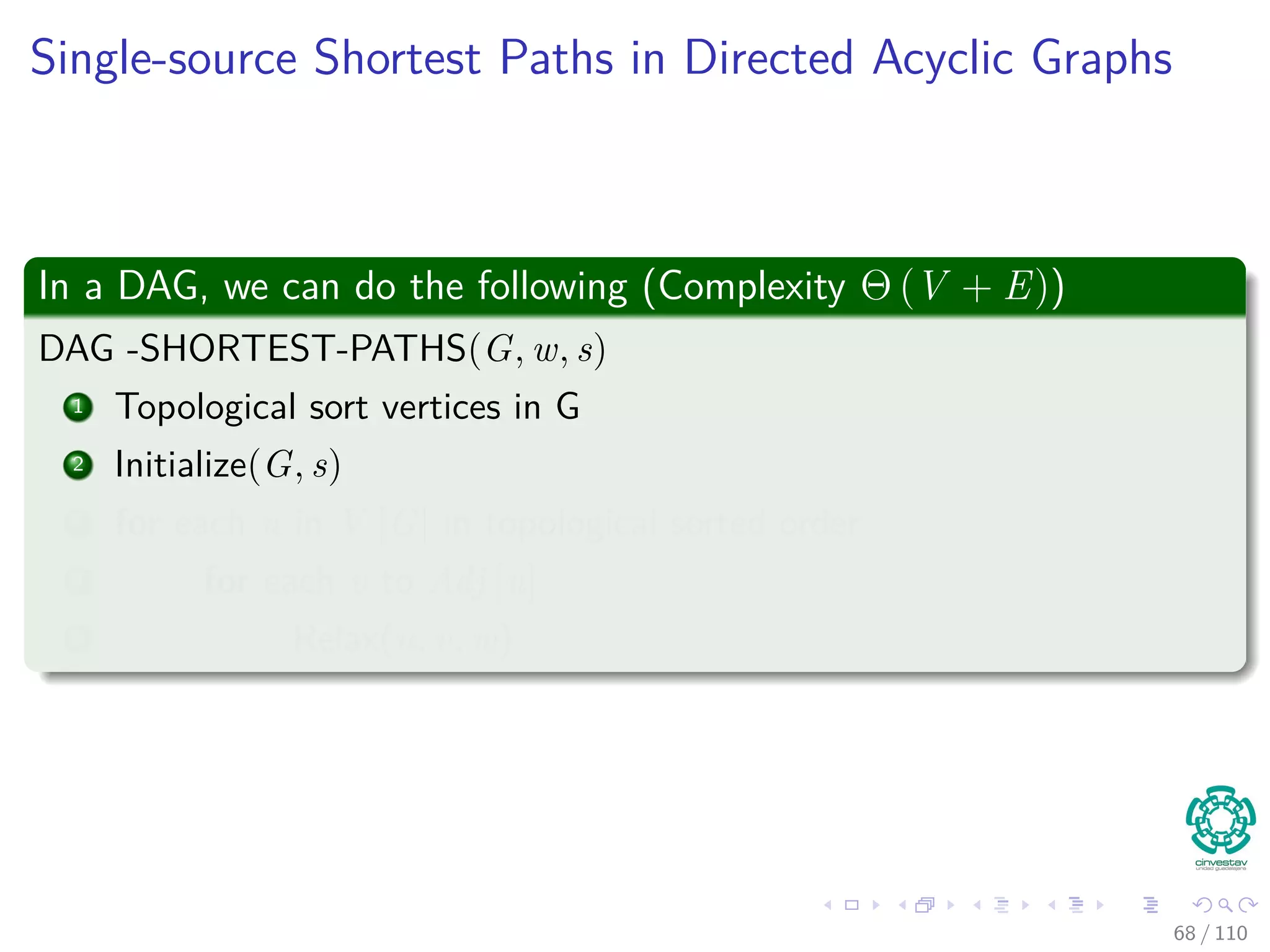 Correctness of Bellman-Ford
Case 2: There exists a reachable negative weight cycle
c =< v0, v1, ..., vk >, where v0 = vk.
Then, we have:
k
i=1
w(vi−1, vi) < 0. (7)
Suppose algorithm returns true
Then vi.d ≤ vi−1.d + w(vi−1, vi) for i = 1, ..., k because Relax did not
change any vi.d.
61 / 108
 