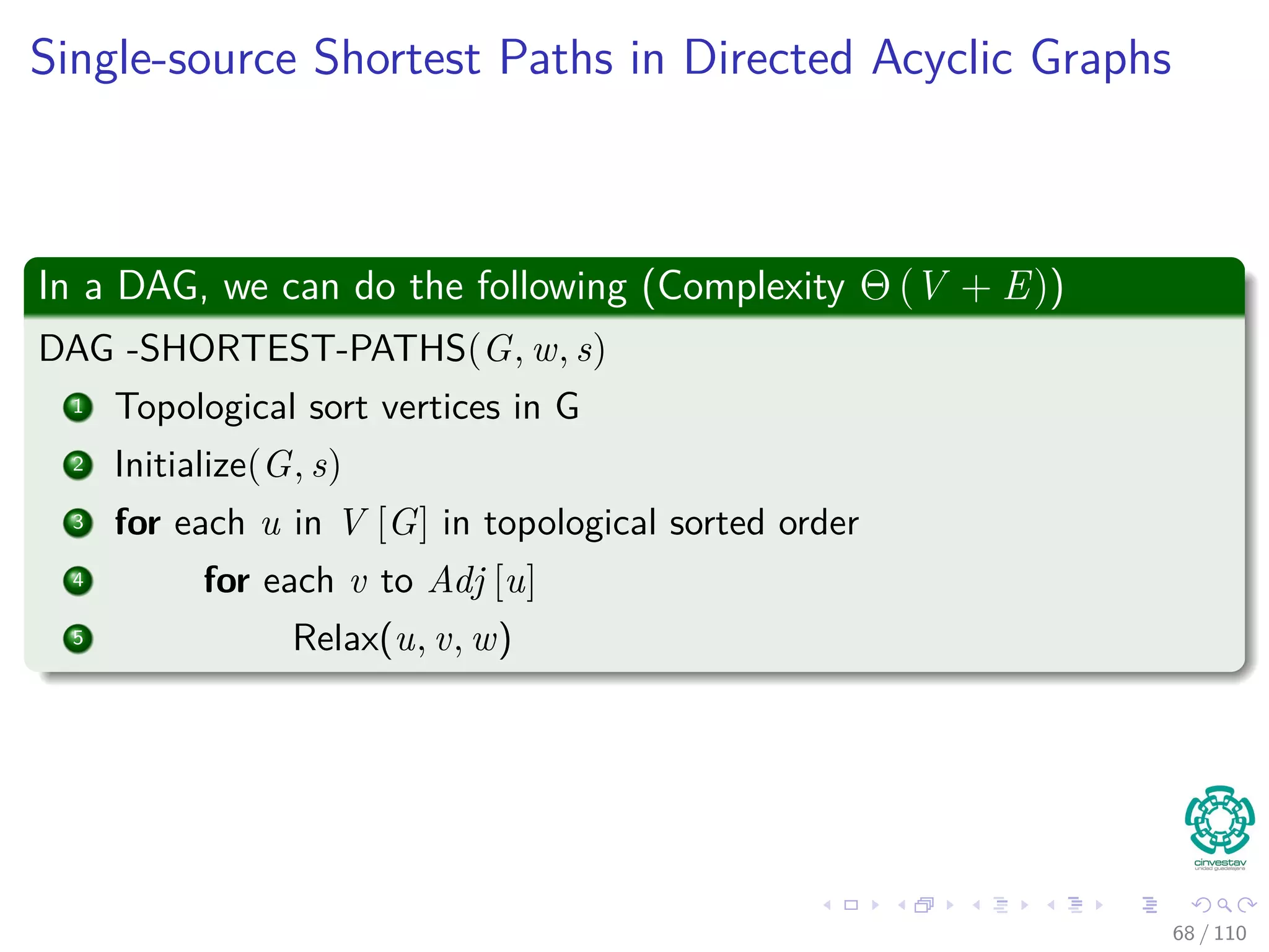 Correctness of Bellman-Ford
Thus
k
i=1
vi.d ≤
k
i=1
(vi−1.d + w(vi−1, vi))
=
k
i=1
vi−1.d +
k
i=1
w(vi−1, vi)
Since v0 = vk
Each vertex in c appears exactly once in each of the summations,
k
i=1
vi.d
and
k
i=1
vi−1.d, thus
k
i=1
vi.d =
k
i=1
vi−1.d (8)
62 / 108
 