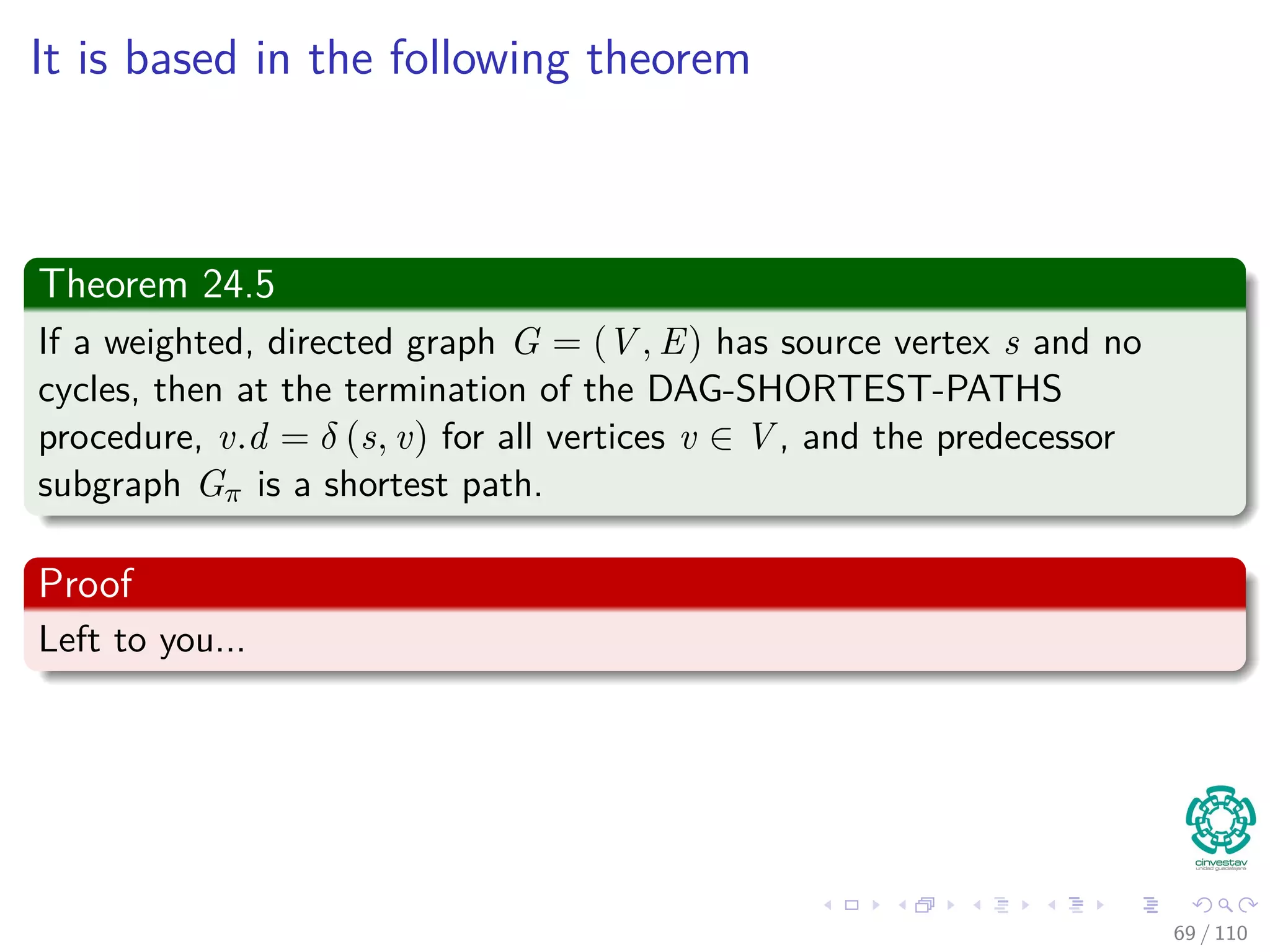 Correctness of Bellman-Ford
By Corollary 24.3
vi.d is ﬁnite for i = 1, 2, ..., k, thus
0 ≤
k
i=1
w(vi−1, vi).
Hence
This contradicts (Eq. 7). Thus, algorithm returns false.
63 / 108
 