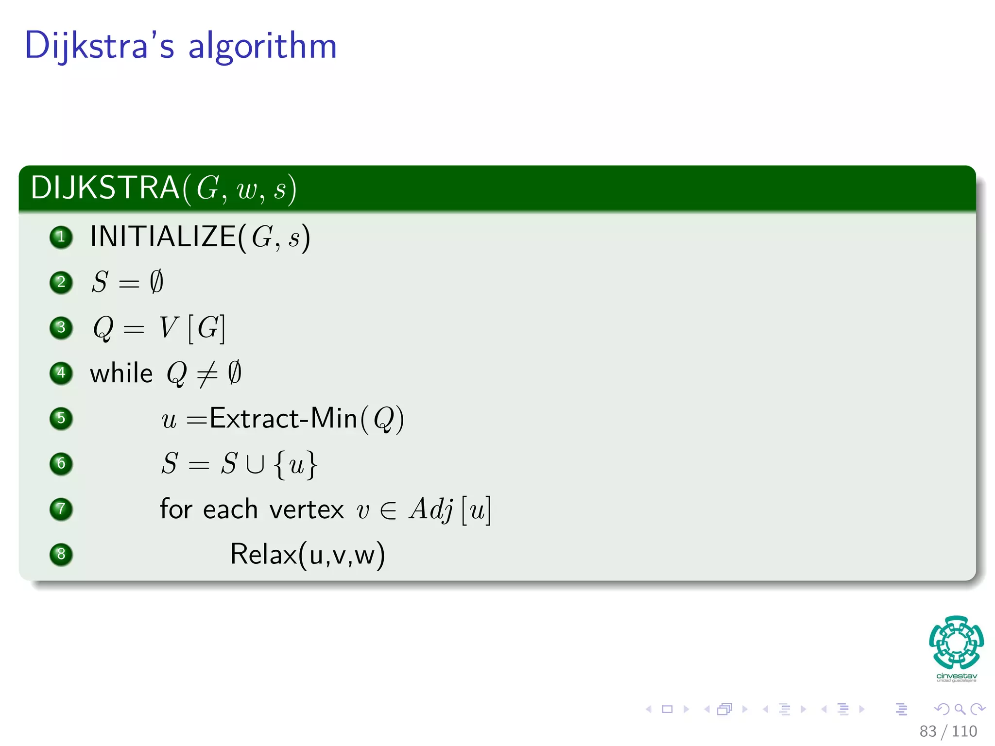 Outline
1 Introduction
Introduction and Similar Problems
2 General Results
Optimal Substructure Properties
Predecessor Graph
The Relaxation Concept
The Bellman-Ford Algorithm
Properties of Relaxation
3 Bellman-Ford Algorithm
Predecessor Subgraph for Bellman
Shortest Path for Bellman
Example
Bellman-Ford ﬁnds the Shortest Path
Correctness of Bellman-Ford
4 Directed Acyclic Graphs (DAG)
Relaxing Edges
Example
5 Dijkstra’s Algorithm
Dijkstra’s Algorithm: A Greedy Method
Example
Correctness Dijkstra’s algorithm
Complexity of Dijkstra’s Algorithm
6 Exercises
77 / 108
 