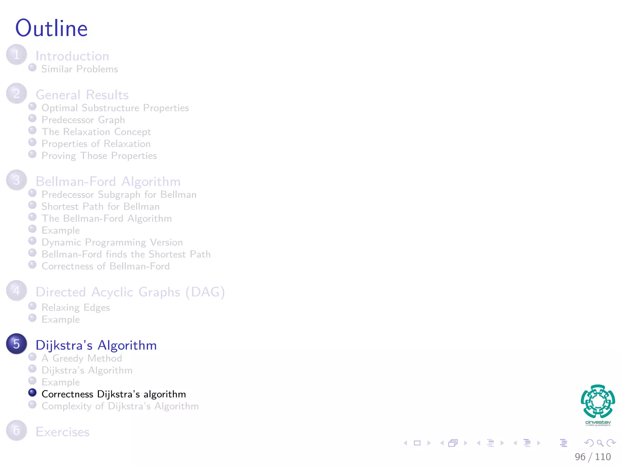 Example
a←Extract-Min(Q) and update the elements adjacent to a
s b
d
a
c
e h
g
f5
4
5
3
3
6
2
1
5
2
2
7
2
10
3
0
5
5
6
9
85 / 108
 