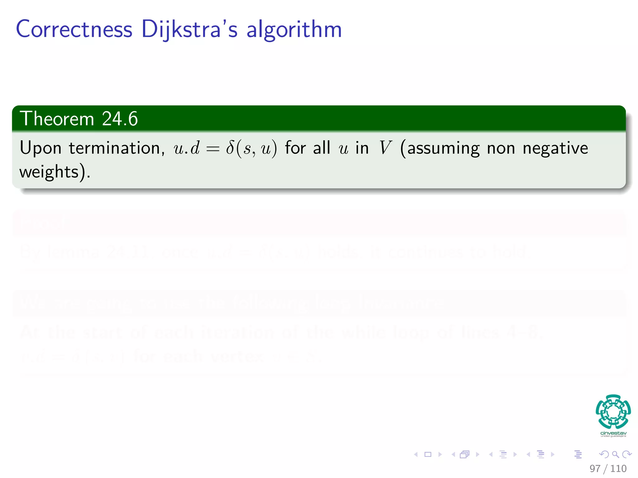 Example
e←Extract-Min(Q) and update the elements adjacent to e
s b
d
a
c
e h
g
f5
4
5
3
3
6
2
1
5
2
2
7
2
10
3
0
5
5
6
9
7
86 / 108
 