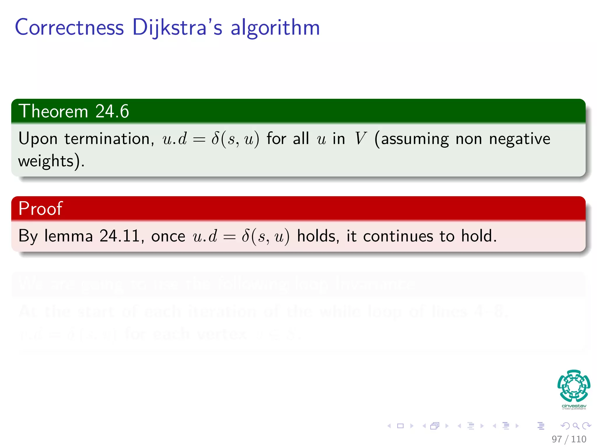 Example
b←Extract-Min(Q) and update the elements adjacent to b
s b
d
a
c
e h
g
f5
4
5
3
3
6
2
1
5
2
2
7
2
10
3
0
5
5
6
9
7
16
87 / 108
 