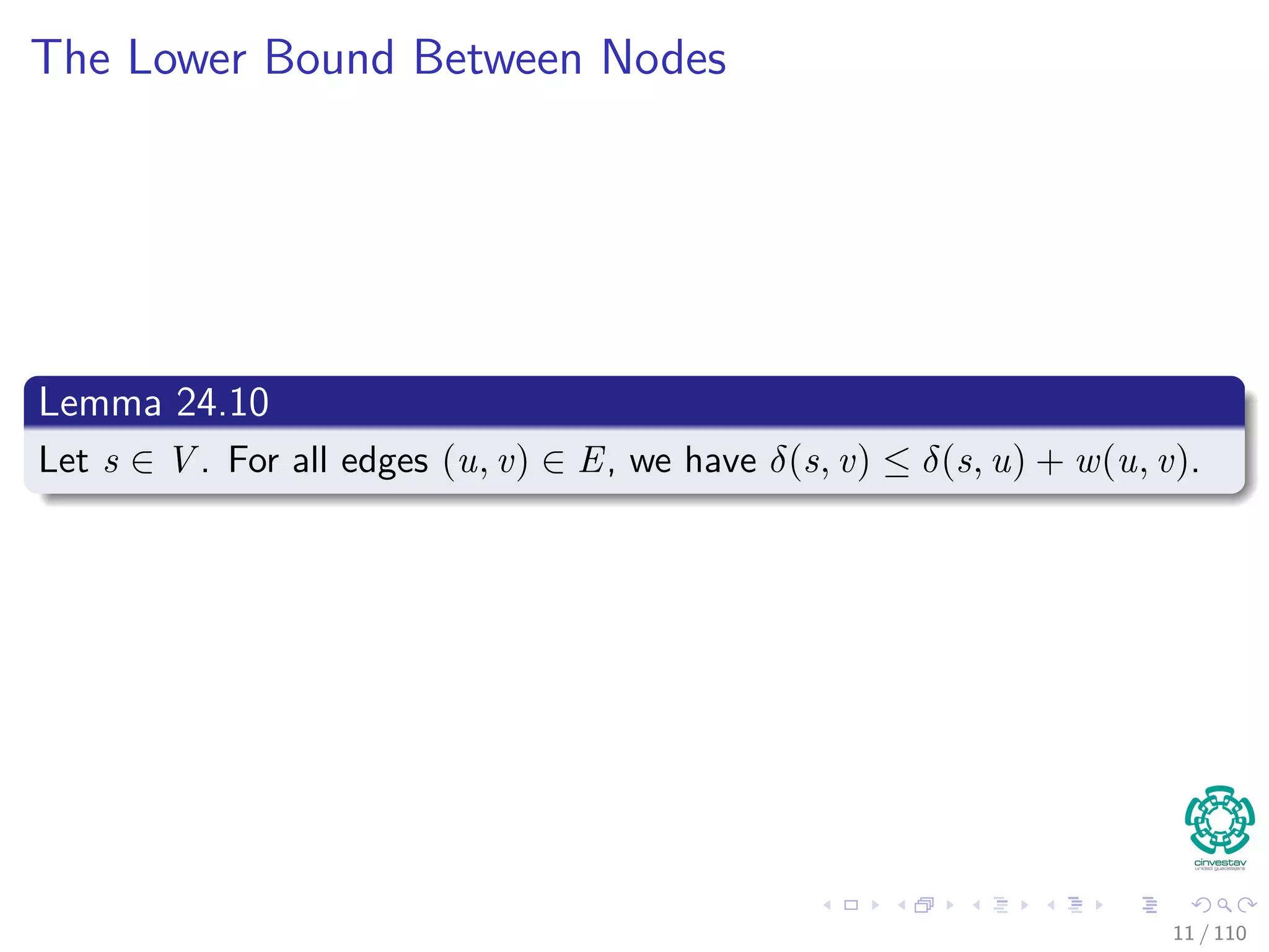 The Lower Bound Between Nodes
Lemma 24.10
Let s ∈ V . For all edges (u, v) ∈ E, we have δ(s, v) ≤ δ(s, u) + w(u, v).
11 / 108
 