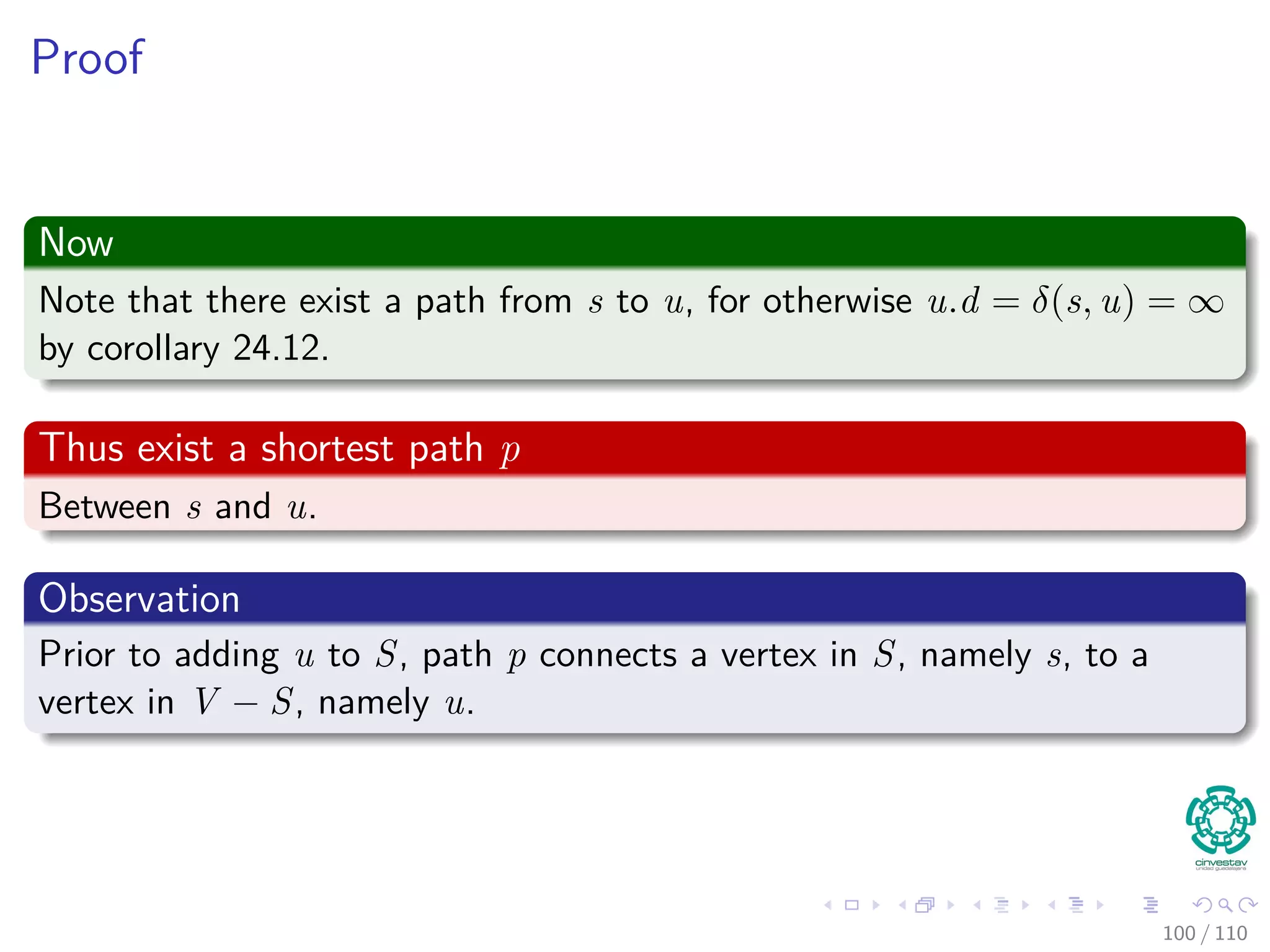 Proof
Thus
We are going to prove for each u in V , u.d = δ(s, u) when u is inserted in
S.
Initialization
Initially S = ∅, thus the invariant is true.
Maintenance
We want to show that in each iteration u.d = δ (s, u) for the vertex added
to set S.
For this, note the following
Note that s.d = δ(s, s) = 0 when s is inserted, so u = s.
In addition, we have that S = ∅ before u is added.
95 / 108
 