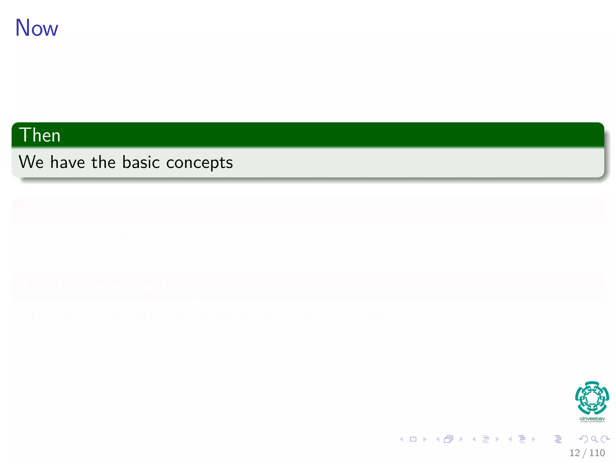 Now
Then
We have the basic concepts
Still
We need to deﬁne an important one.
The Predecessor Graph
This will facilitate the proof of several concepts
12 / 108
 