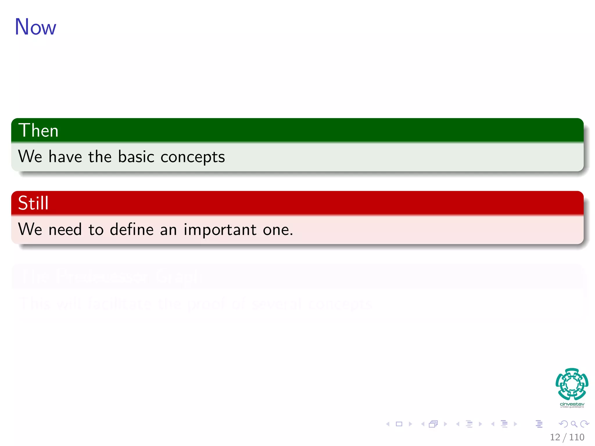 Now
Then
We have the basic concepts
Still
We need to deﬁne an important one.
The Predecessor Graph
This will facilitate the proof of several concepts
12 / 108
 