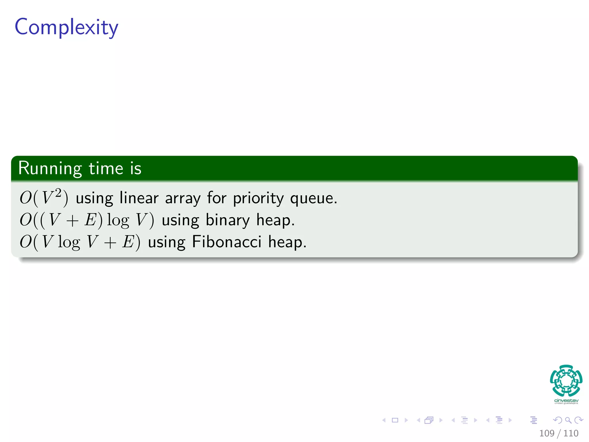 Proof
Now
1 We obtain a contradiction to prove that u.d = δ (s, u).
2 y appears before u in a shortest path on a shortest path from s to u.
3 In addition, all edges have positive weights.
4 Then, δ(s, y) ≤ δ(s, u), thus
y.d = δ (s, y)
≤ δ (s, u)
≤ u.d
The last inequality is due to the Upper-Bound Property (Lemma
24.11).
103 / 108
 