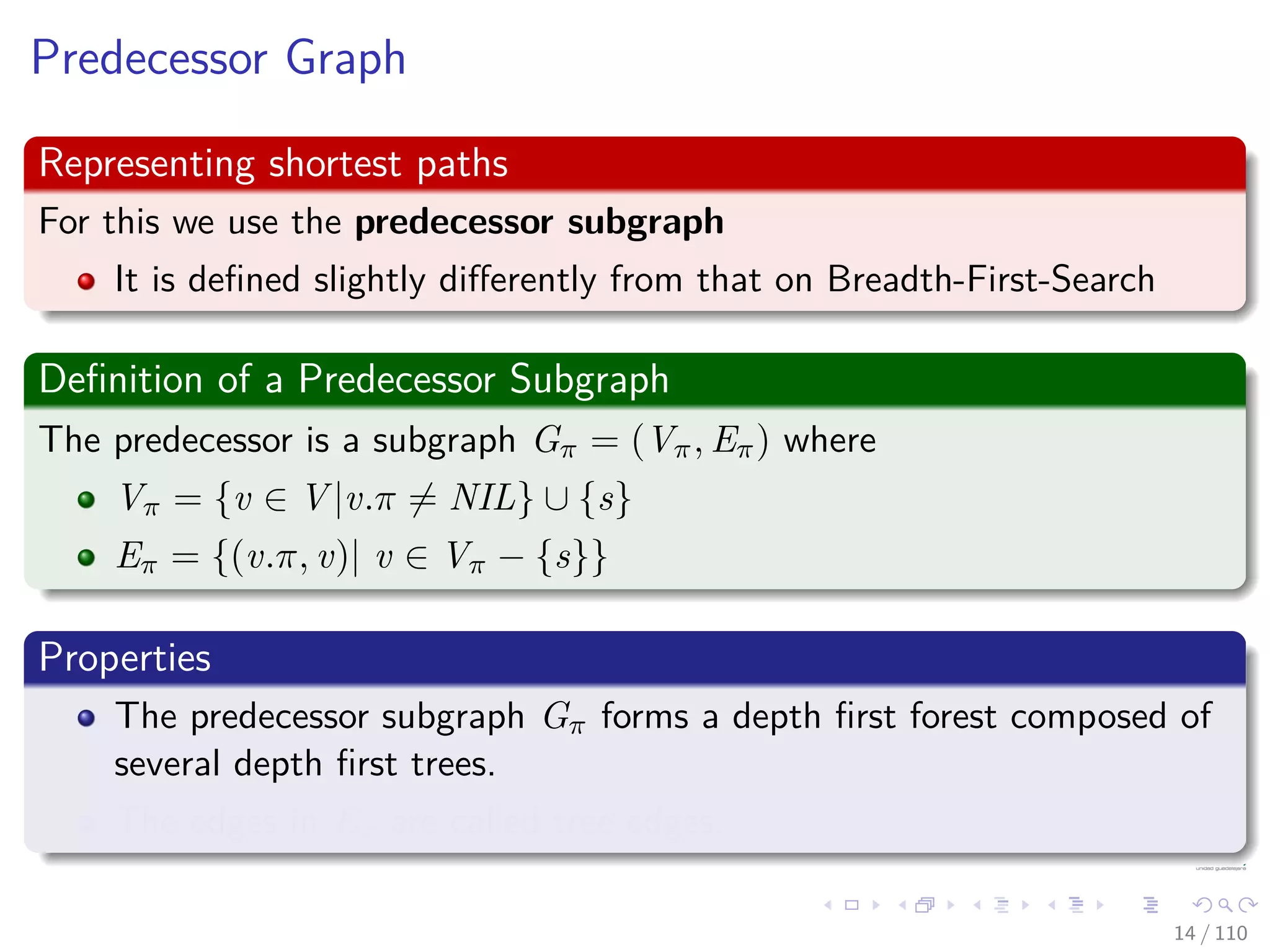 Predecessor Graph
Representing shortest paths
For this we use the predecessor subgraph
It is deﬁned slightly diﬀerently from that on Breadth-First-Search
Deﬁnition of a Predecessor Subgraph
The predecessor is a subgraph Gπ = (Vπ, Eπ) where
Vπ = {v ∈ V |v.π = NIL} ∪ {s}
Eπ = {(v.π, v)| v ∈ Vπ − {s}}
Properties
The predecessor subgraph Gπ forms a depth ﬁrst forest composed of
several depth ﬁrst trees.
The edges in Eπ are called tree edges.
14 / 108
 