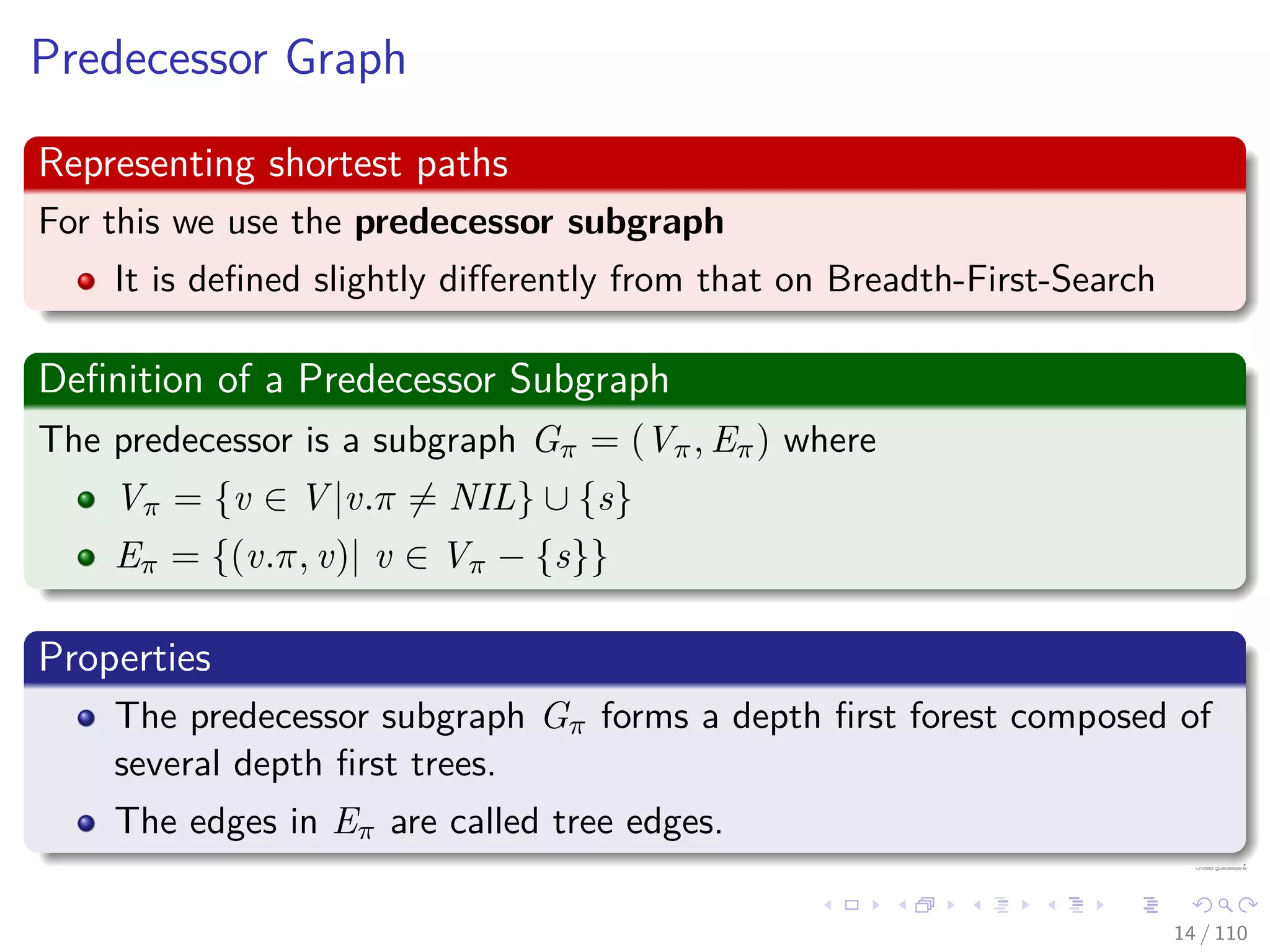 Predecessor Graph
Representing shortest paths
For this we use the predecessor subgraph
It is deﬁned slightly diﬀerently from that on Breadth-First-Search
Deﬁnition of a Predecessor Subgraph
The predecessor is a subgraph Gπ = (Vπ, Eπ) where
Vπ = {v ∈ V |v.π = NIL} ∪ {s}
Eπ = {(v.π, v)| v ∈ Vπ − {s}}
Properties
The predecessor subgraph Gπ forms a depth ﬁrst forest composed of
several depth ﬁrst trees.
The edges in Eπ are called tree edges.
14 / 108
 