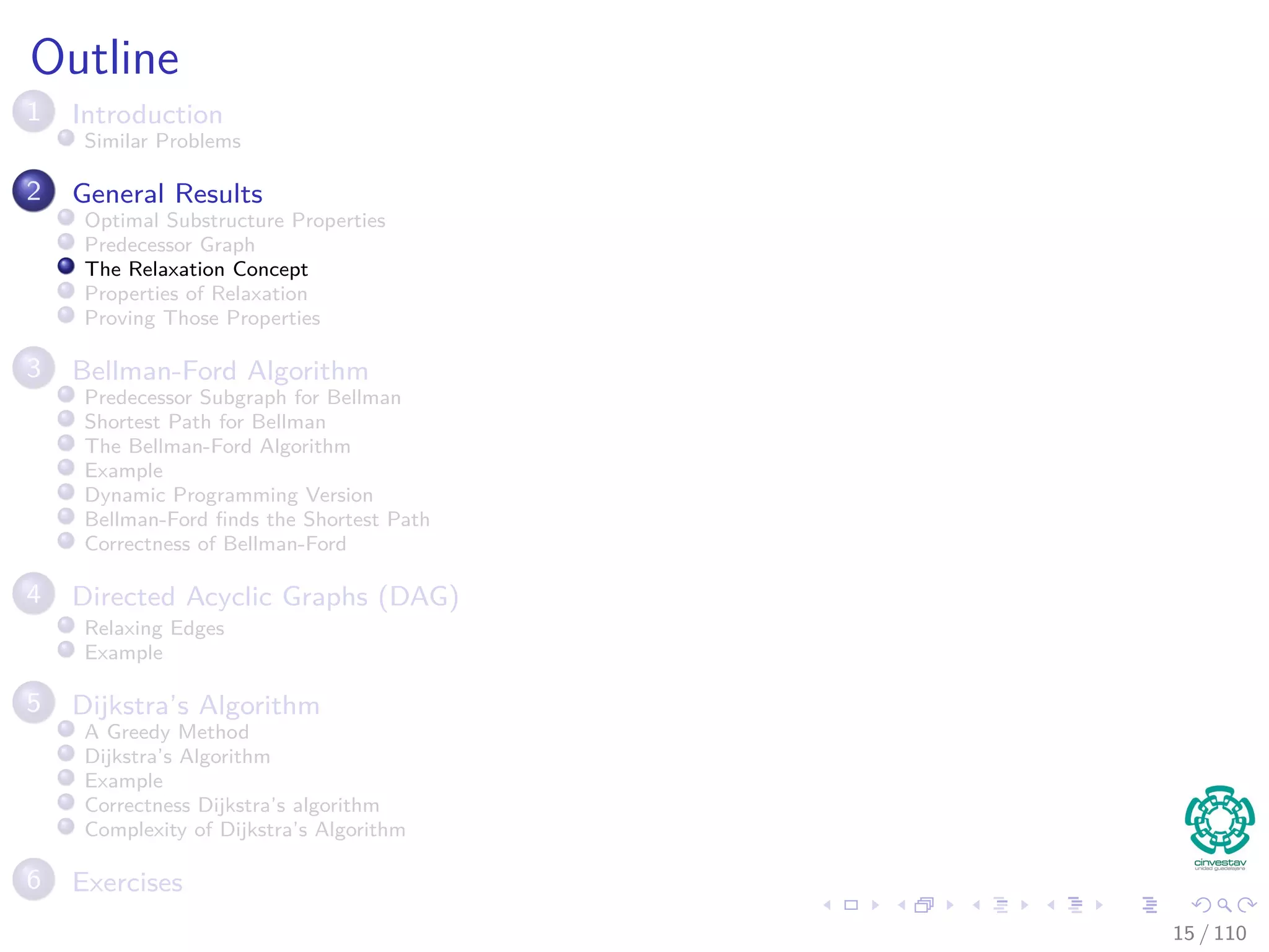 Outline
1 Introduction
Introduction and Similar Problems
2 General Results
Optimal Substructure Properties
Predecessor Graph
The Relaxation Concept
The Bellman-Ford Algorithm
Properties of Relaxation
3 Bellman-Ford Algorithm
Predecessor Subgraph for Bellman
Shortest Path for Bellman
Example
Bellman-Ford ﬁnds the Shortest Path
Correctness of Bellman-Ford
4 Directed Acyclic Graphs (DAG)
Relaxing Edges
Example
5 Dijkstra’s Algorithm
Dijkstra’s Algorithm: A Greedy Method
Example
Correctness Dijkstra’s algorithm
Complexity of Dijkstra’s Algorithm
6 Exercises
15 / 108
 