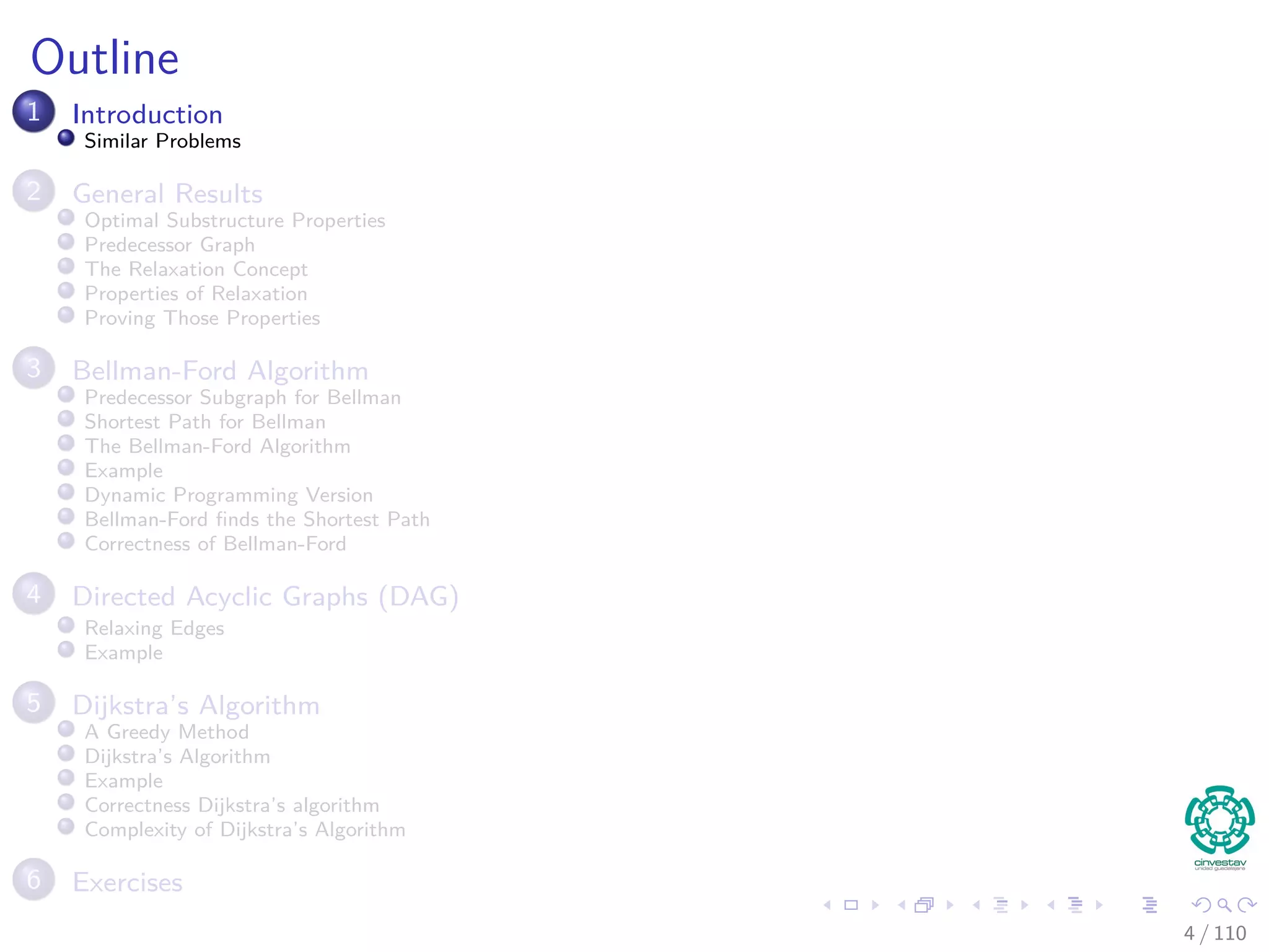 Introduction
Problem description
Given a single source vertex in a weighted, directed graph.
We want to compute a shortest path for each possible destination
(Similar to BFS).
Thus
The algorithm will compute a shortest path tree (again, similar to BFS).
4 / 108
 