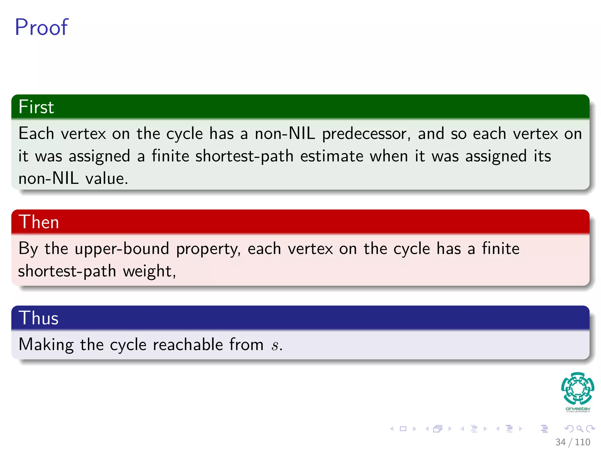 Predecessor Subgraph for Bellman
Lemma 24.16
Assume a given graph G that has no negative weight cycles reachable
from s. Then, after the initialization, the predecessor subgraph Gπ is
always a tree with root s, and any sequence of relaxations steps on edges
of G maintains this property as an invariant.
Proof
It is necessary to prove two things in order to get a tree:
1 Gπ is acyclic.
2 There exists a unique path from source s to each vertex Vπ.
34 / 108
 