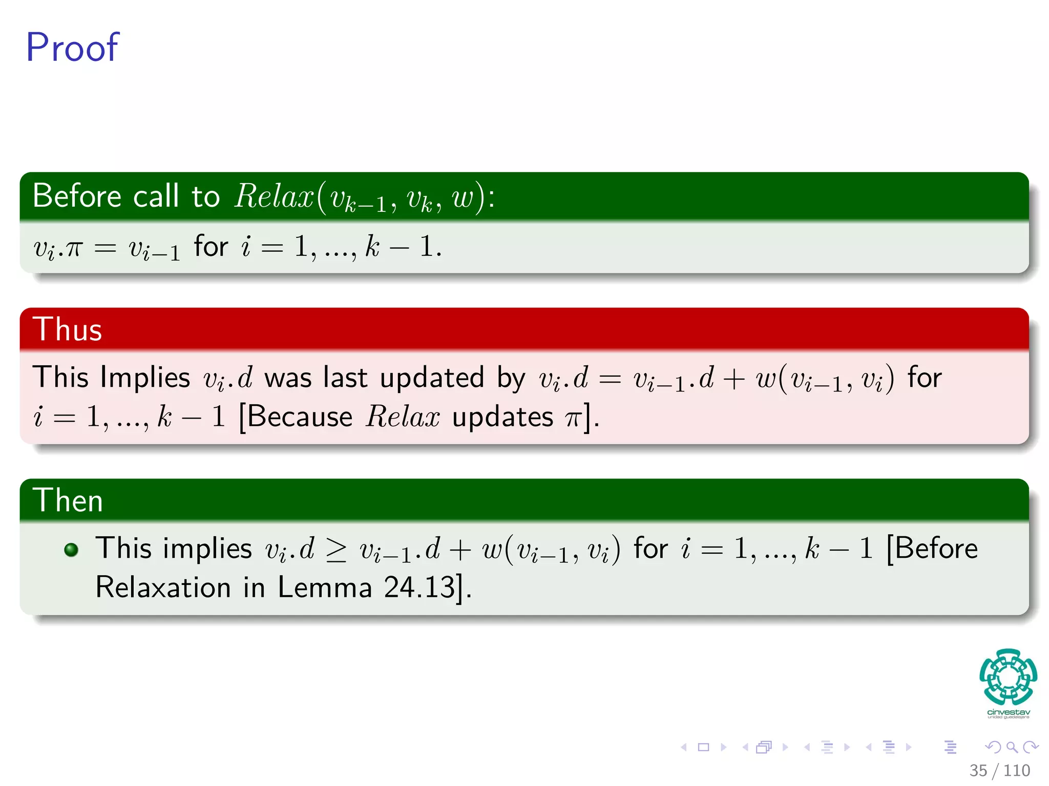 Proof of Gπ is acyclic
First
Suppose there exist a cycle c =< v0, v1, ..., vk >, where v0 = vk. We have
vi.π = vi−1 for i = 1, 2, ..., k.
Second
Assume relaxation of (vk−1, vk) created the cycle. We are going to show
that the cycle has a negative weight.
We claim that
The cycle must be reachable from s (Why?)
35 / 108
 