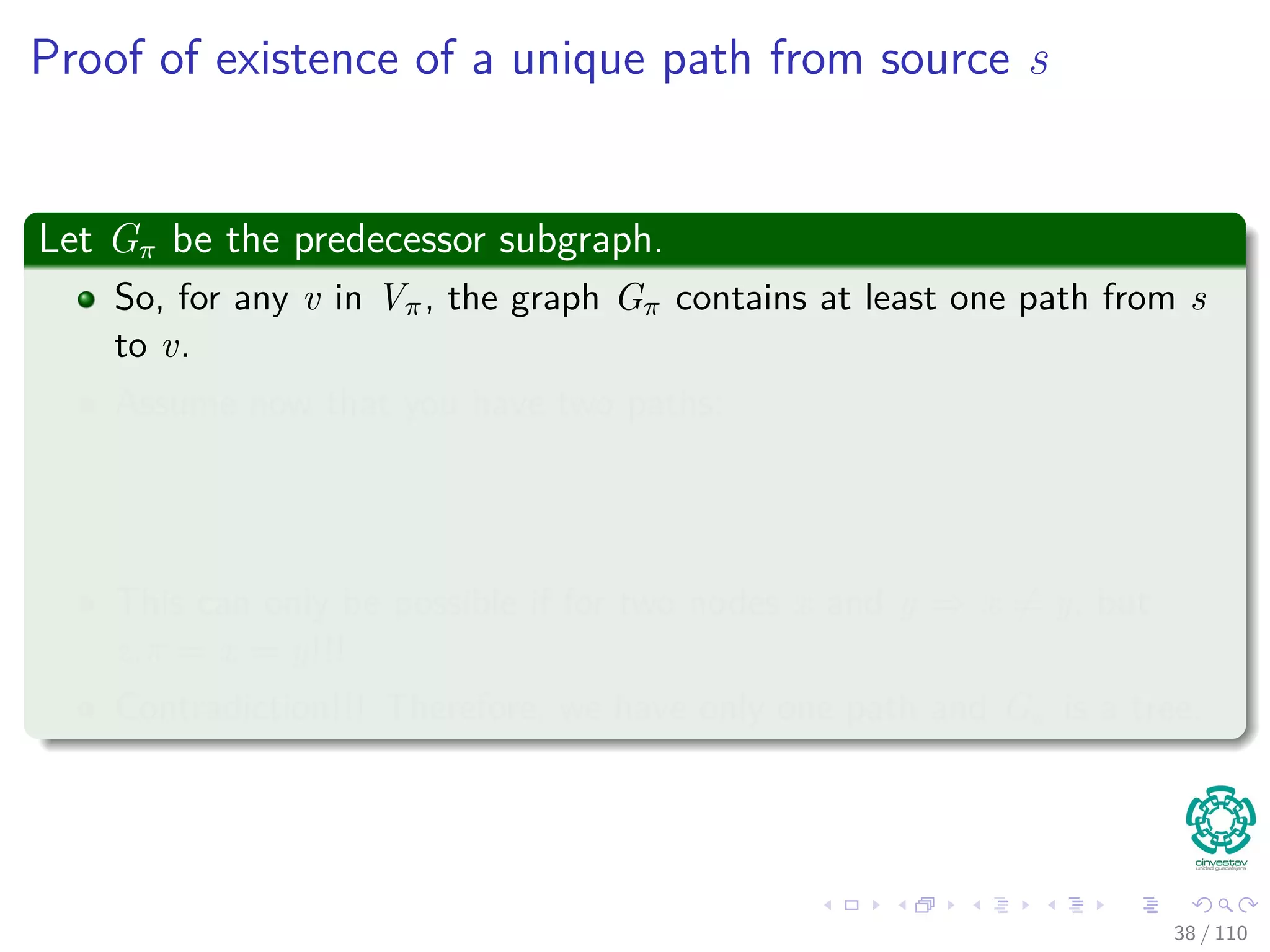Proof
First
Each vertex on the cycle has a non-NIL predecessor, and so each vertex on
it was assigned a ﬁnite shortest-path estimate when it was assigned its
non-NIL value.
Then
By the upper-bound property, each vertex on the cycle has a ﬁnite
shortest-path weight,
Thus
Making the cycle reachable from s.
36 / 108
 