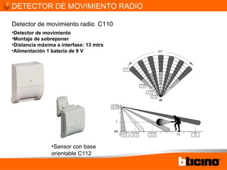 Detector de movimiento radio C110 Detector de movimiento Montaje de sobreponer Distancia máxima a interfase: 13 mtrs Alimentación 1 batería de 9 V Sensor con base orientable C112 DETECTOR DE MOVIMIENTO RADIO