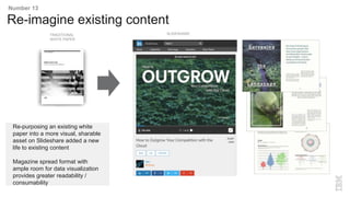 Re-imagine existing content
Re-purposing an existing white
paper into a more visual, sharable
asset on Slideshare added a ...