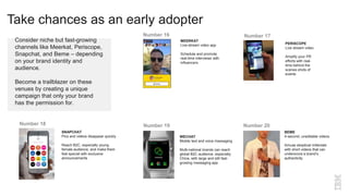 Take chances as an early adopter
MEERKAT
Live-stream video app
Schedule and promote
real-time interviews with
influencers
Consider niche but fast-growing
channels like Meerkat, Periscope,
Snapchat, and Beme – depending
on your brand identity and
audience.
Become a trailblazer on these
venues by creating a unique
campaign that only your brand
has the permission for.
PERISCOPE
Live stream video
Amplify your PR
efforts with real-
time behind the
scenes shots of
events
SNAPCHAT
Pics and videos disappear quickly
Reach B2C, especially young
female audience, and make them
feel special with exclusive
announcements
BEME
4-second, uneditable videos
Amuse skeptical millenials
with short videos that can
underscore a brand’s
authenticity
WECHAT
Mobile text and voice messaging
Multi-national brands can reach
global B2C audience, especially
China, with large and still fast-
growing messaging app.
Number 19 Number 20Number 18
Number 17Number 16
 