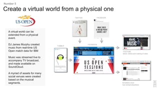 A virtual world can be
extended from a physical
event.
DJ James Murphy created
music from real-time US
Open match data for IBM
Music was streamed live to
accompany TV broadcast,
and made available on
SoundCloud.
A myriad of assets for many
social venues were created
based on the musical
segments.
Create a virtual world from a physical one
Number 5
FACEBOOKTWITTER
YOUTUBE
Music videos and making-of video
SOUNDCLOUD
Can embed elsewhere
TUMBLR
FACEBOOK
 