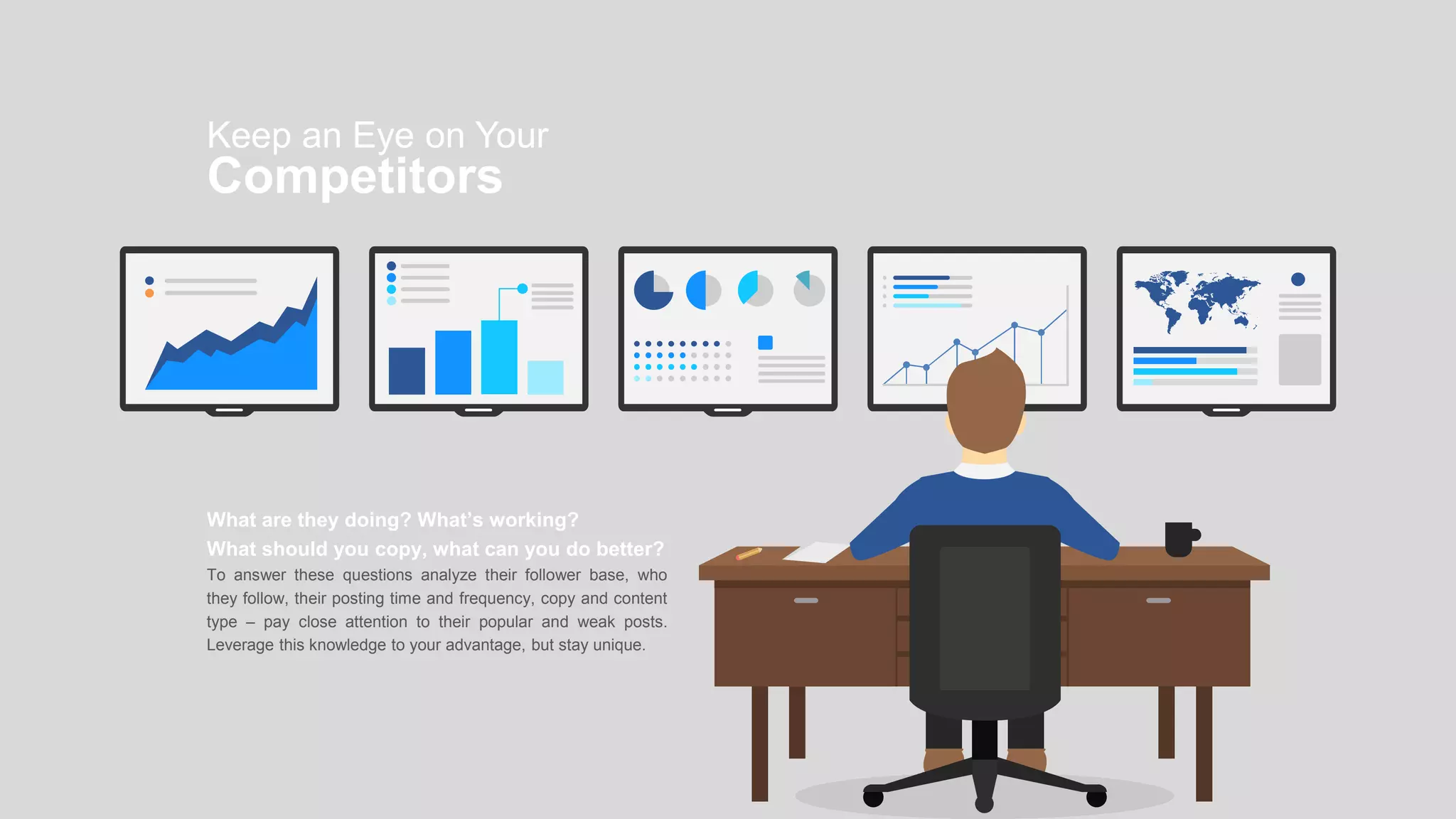Keep an Eye on Your
Competitors
What are they doing? What’s working?
What should you copy, what can you do better?
To answer these questions analyze their follower base, who
they follow, their posting time and frequency, copy and content
type – pay close attention to their popular and weak posts.
Leverage this knowledge to your advantage, but stay unique.
 