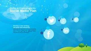 Create a Channel-specific
Social Media Plan
Develop a clear strategy,
set goals and milestones.
Understand why you want to be on social media.
What platforms feature your target audience?
What is the best way to approach them?
What are you trying to accomplish?
 