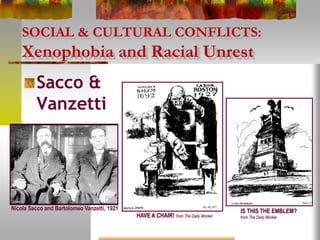 SOCIAL & CULTURAL CONFLICTS:
Xenophobia and Racial Unrest
Sacco &
Vanzetti
HAVE A CHAIR! from The Daily Worker
IS THIS THE EMBLEM?
from The Daily Worker
Nicola Sacco and Bartolomeo Vanzetti, 1921
 