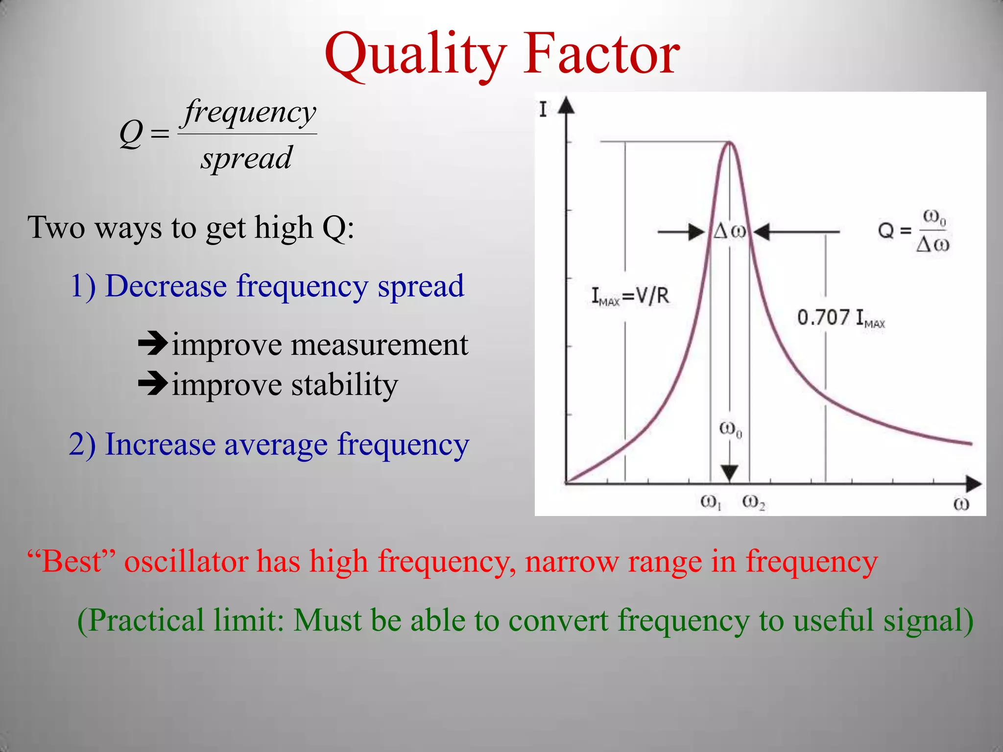 Quality Factor
         frequency
      Q
           spread

Two ways to get high Q:
   1) Decrease frequency spread
        improve measurement
        improve stability
   2) Increase average frequency


“Best” oscillator has high frequency, narrow range in frequency
   (Practical limit: Must be able to convert frequency to useful signal)
 