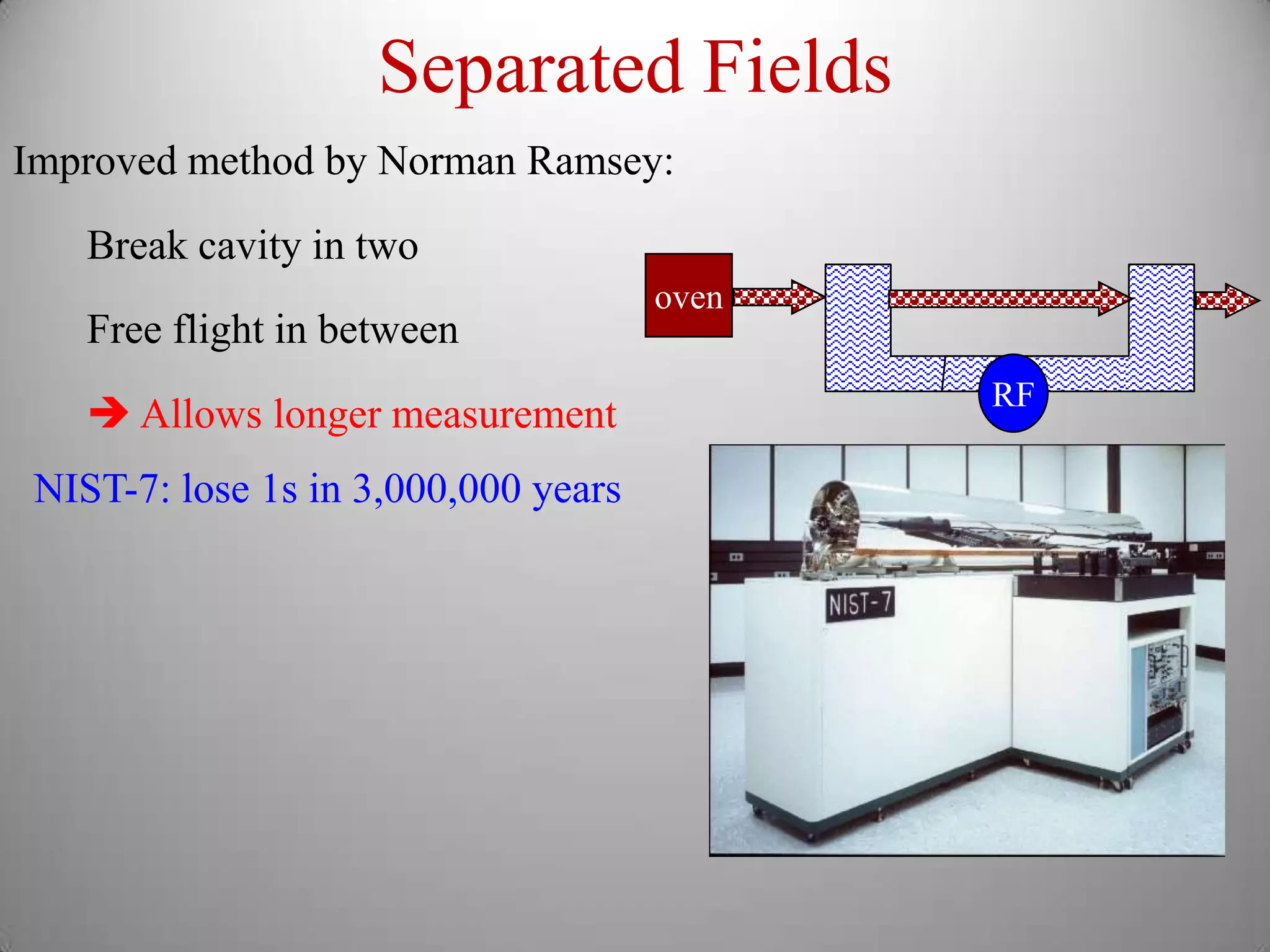 Separated Fields
Improved method by Norman Ramsey:

    Break cavity in two
                                      oven
    Free flight in between
                                             RF
     Allows longer measurement
 NIST-7: lose 1s in 3,000,000 years
 