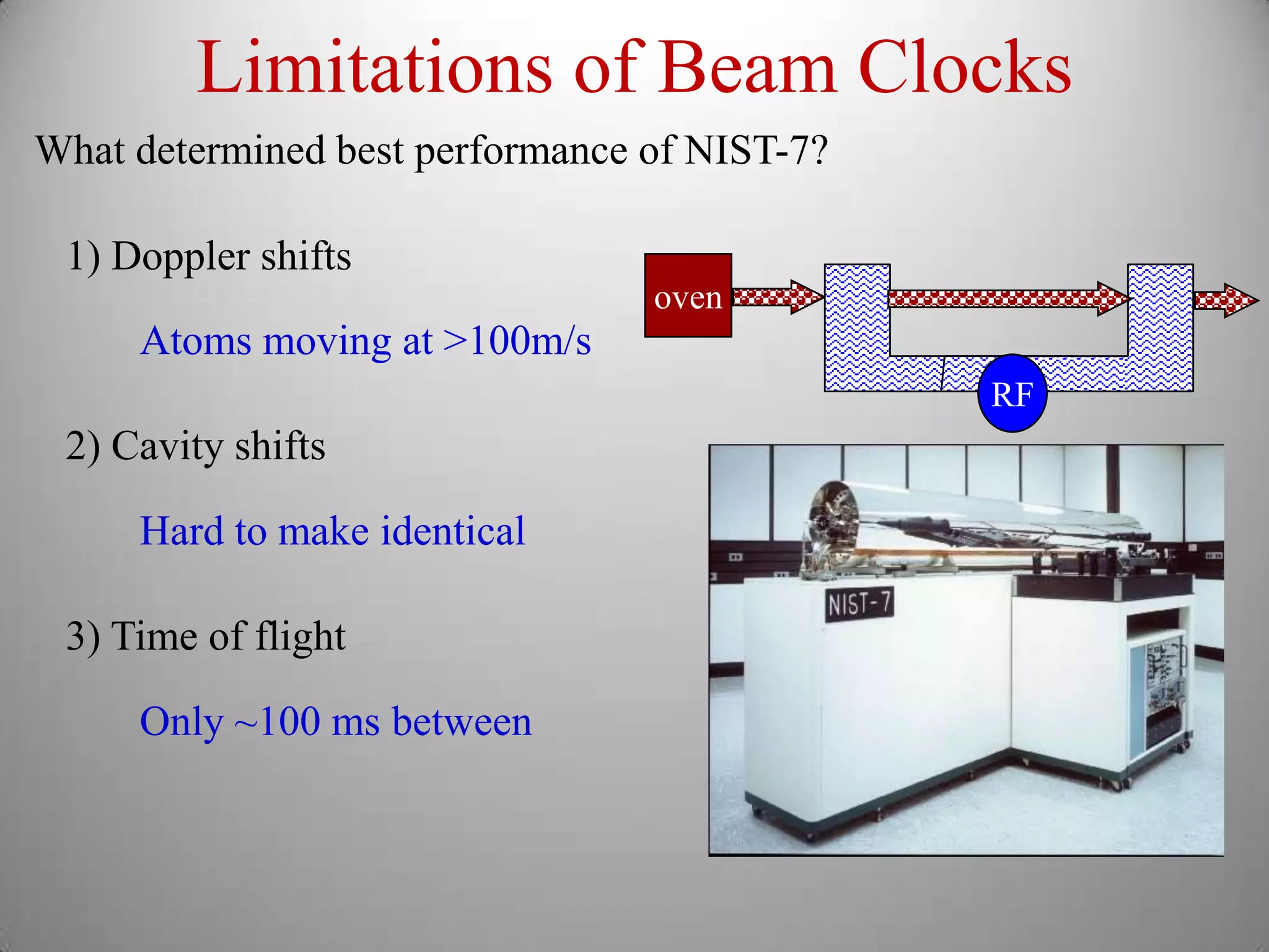 Limitations of Beam Clocks
What determined best performance of NIST-7?

 1) Doppler shifts
                                 oven
     Atoms moving at >100m/s
                                              RF
 2) Cavity shifts

     Hard to make identical

 3) Time of flight

     Only ~100 ms between
 
