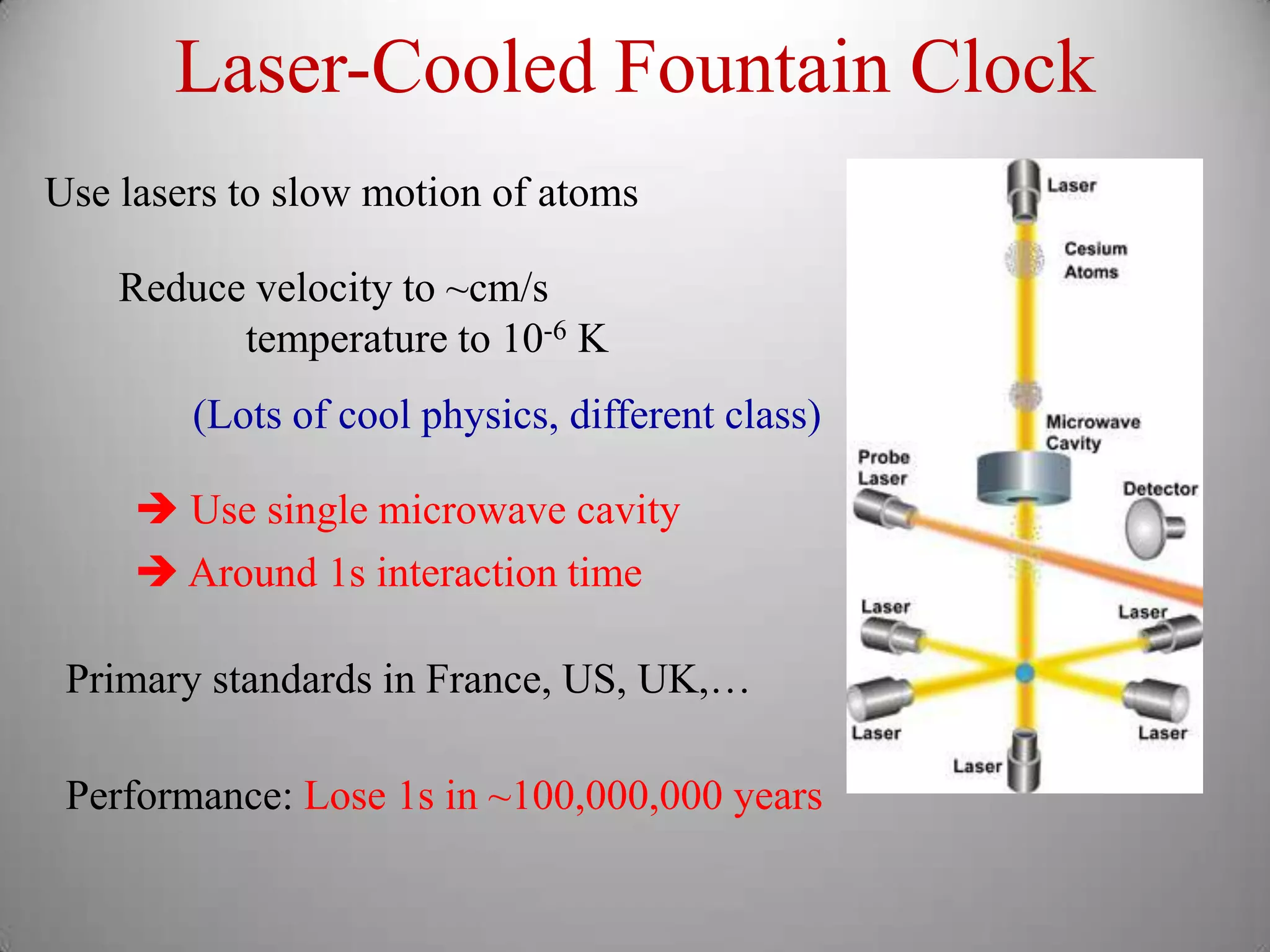 Laser-Cooled Fountain Clock
Use lasers to slow motion of atoms

    Reduce velocity to ~cm/s
          temperature to 10-6 K
        (Lots of cool physics, different class)

      Use single microwave cavity
      Around 1s interaction time

 Primary standards in France, US, UK,…

 Performance: Lose 1s in ~100,000,000 years
 