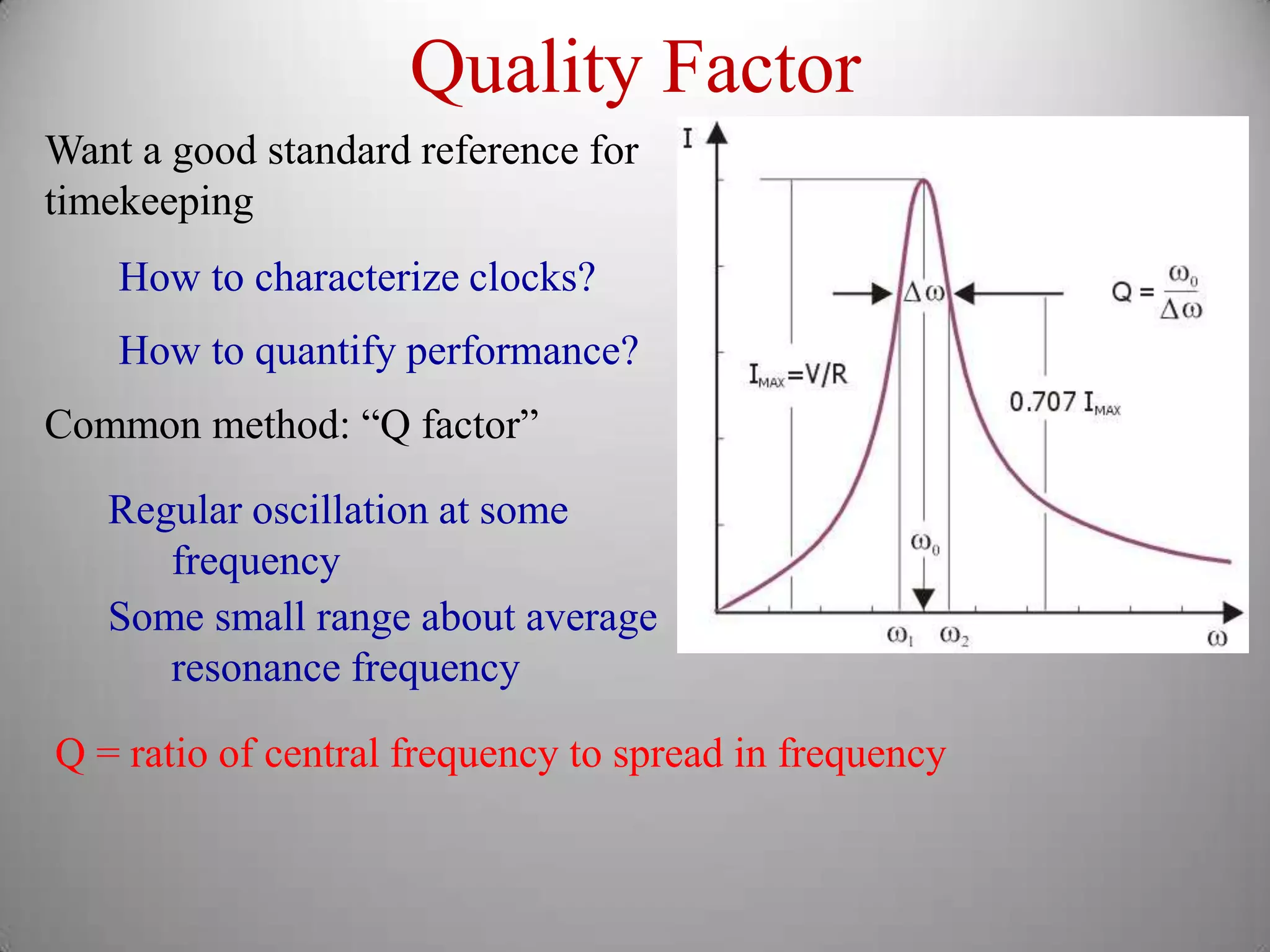 Quality Factor
Want a good standard reference for
timekeeping
    How to characterize clocks?
    How to quantify performance?
Common method: “Q factor”

   Regular oscillation at some
      frequency
   Some small range about average
      resonance frequency

Q = ratio of central frequency to spread in frequency
 