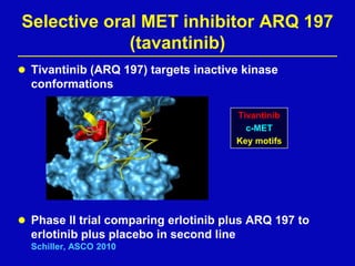 Selective oral MET inhibitor ARQ 197
(tavantinib)
 Tivantinib (ARQ 197) targets inactive kinase
conformations
 Phase II trial comparing erlotinib plus ARQ 197 to
erlotinib plus placebo in second line
Schiller, ASCO 2010
Tivantinib
c-MET
Key motifs
 