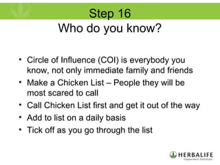 Step 16
Who do you know?
• Circle of Influence (COI) is everybody you
know, not only immediate family and friends
• Make a Chicken List – People they will be
most scared to call
• Call Chicken List first and get it out of the way
• Add to list on a daily basis
• Tick off as you go through the list
 