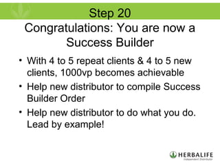 Step 20
Congratulations: You are now a
Success Builder
• With 4 to 5 repeat clients & 4 to 5 new
clients, 1000vp becomes achievable
• Help new distributor to compile Success
Builder Order
• Help new distributor to do what you do.
Lead by example!
 