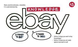– 	 Define 3 things you want to buy 	
	(knowledge)
– 	 Define 3 things you are really
	 good at and want to sell
Share, practice and grow…remember,
it is a personal journey.
 