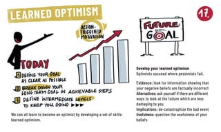 Evidence: look for information showing that
your negative beliefs are factually incorrect
Alternatives: ask yourself if there are different
ways to look at the failure which are less
damaging to you
Implications: de-catastrophize the bad event
Usefulness: question the usefulness of your
beliefs
Develop your learned optimism
Optimists succeed where pessimists fail.
We can all learn to become an optimist by developing a set of skills:
learned optimism.
LEARNED OPTIMISM
 