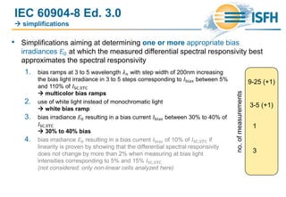 IEC 60904-8 Ed. 3.0
 simplifications
• Simplifications aiming at determining one or more appropriate bias
irradiances 𝐸0 at which the measured differential spectral responsivity best
approximates the spectral responsivity
1. bias ramps at 3 to 5 wavelength 𝜆 𝑛 with step width of 200nm increasing
the bias light irradiance in 3 to 5 steps corresponding to 𝐼bias between 5%
and 110% of 𝐼SC.STC
 multicolor bias ramps
2. use of white light instead of monochromatic light
 white bias ramp
3. bias irradiance 𝐸0 resulting in a bias current 𝐼bias between 30% to 40% of
𝐼SC.STC
 30% to 40% bias
4. bias irradiance 𝐸0 resulting in a bias current 𝐼bias of 10% of 𝐼SC.STC if
linearity is proven by showing that the differential spectral responsivity
does not change by more than 2% when measuring at bias light
intensities corresponding to 5% and 15% 𝐼SC.STC
(not considered: only non-linear cells analyzed here)
9-25 (+1)
3-5 (+1)
1
3
no.ofmeasurements
 