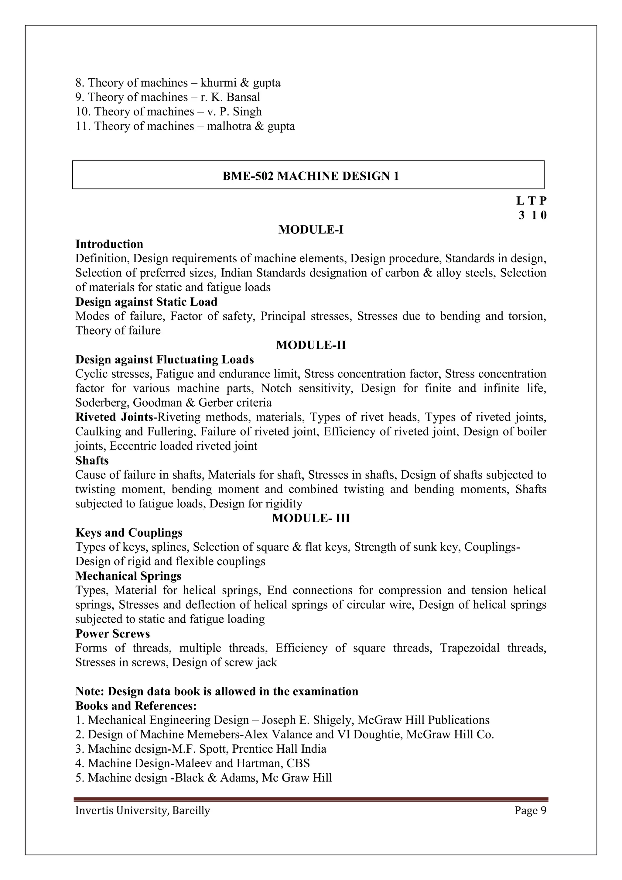 Invertis University, Bareilly Page 9
8. Theory of machines – khurmi & gupta
9. Theory of machines – r. K. Bansal
10. Theory of machines – v. P. Singh
11. Theory of machines – malhotra & gupta
BME-502 MACHINE DESIGN 1
L T P
3 1 0
MODULE-I
Introduction
Definition, Design requirements of machine elements, Design procedure, Standards in design,
Selection of preferred sizes, Indian Standards designation of carbon & alloy steels, Selection
of materials for static and fatigue loads
Design against Static Load
Modes of failure, Factor of safety, Principal stresses, Stresses due to bending and torsion,
Theory of failure
MODULE-II
Design against Fluctuating Loads
Cyclic stresses, Fatigue and endurance limit, Stress concentration factor, Stress concentration
factor for various machine parts, Notch sensitivity, Design for finite and infinite life,
Soderberg, Goodman & Gerber criteria
Riveted Joints-Riveting methods, materials, Types of rivet heads, Types of riveted joints,
Caulking and Fullering, Failure of riveted joint, Efficiency of riveted joint, Design of boiler
joints, Eccentric loaded riveted joint
Shafts
Cause of failure in shafts, Materials for shaft, Stresses in shafts, Design of shafts subjected to
twisting moment, bending moment and combined twisting and bending moments, Shafts
subjected to fatigue loads, Design for rigidity
MODULE- III
Keys and Couplings
Types of keys, splines, Selection of square & flat keys, Strength of sunk key, Couplings-
Design of rigid and flexible couplings
Mechanical Springs
Types, Material for helical springs, End connections for compression and tension helical
springs, Stresses and deflection of helical springs of circular wire, Design of helical springs
subjected to static and fatigue loading
Power Screws
Forms of threads, multiple threads, Efficiency of square threads, Trapezoidal threads,
Stresses in screws, Design of screw jack
Note: Design data book is allowed in the examination
Books and References:
1. Mechanical Engineering Design – Joseph E. Shigely, McGraw Hill Publications
2. Design of Machine Memebers-Alex Valance and VI Doughtie, McGraw Hill Co.
3. Machine design-M.F. Spott, Prentice Hall India
4. Machine Design-Maleev and Hartman, CBS
5. Machine design -Black & Adams, Mc Graw Hill
 
