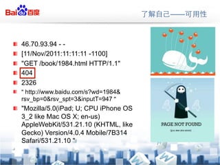 



!   ?   46.70.93.94 - -
!   ?   [11/Nov/2011:11:11:11 -1100]
!   ?   "GET /book/1984.html HTTP/1.1"
!   ?   404
!   ?   2326
! ? " http://www./s?wd=1984&
    rsv_bp=0&rsv_spt=3&inputT=947 "
! ? "Mozilla/5.0(iPad; U; CPU iPhone OS
    3_2 like Mac OS X; en-us)
    AppleWebKit/531.21.10 (KHTML, like
    Gecko) Version/4.0.4 Mobile/7B314
    Safari/531.21.10 "
 