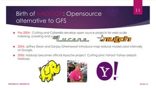 Birth of HADOOP: Opensource
alternative to GFS
 Pre-2004 : Cutting and Cafarella develop open source projects for web-scale
indexing, crawling and search.
 2004: Jeffrey Dean and Sanjay Ghemawat introduce map reduce model used internally
at Google.
 2006: Hadoop becomes official Apache project, Cutting joins Yahoo! Yahoo adopts
Hadoop.
06-Apr-13PREPARED BY: ABHISHEK DE
11
 