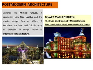 The Swan and Dolphin by Michael Graves
Walt Disney World Resort, Lake Buena Vista, Florida
GRAVE’S MAJOR PROJECTS:
Designed by Michael Graves, in
association with Alan Lapidus and the
interior design firm of Wilson &
Associates, the Swan and Dolphin typify
an approach to design known as
entertainment architecture.
 